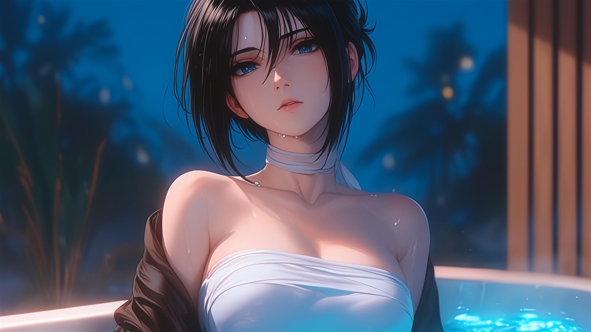 Mikasa Ackerman from Attack on Titan, resting in tub of her apartment under moonlight
