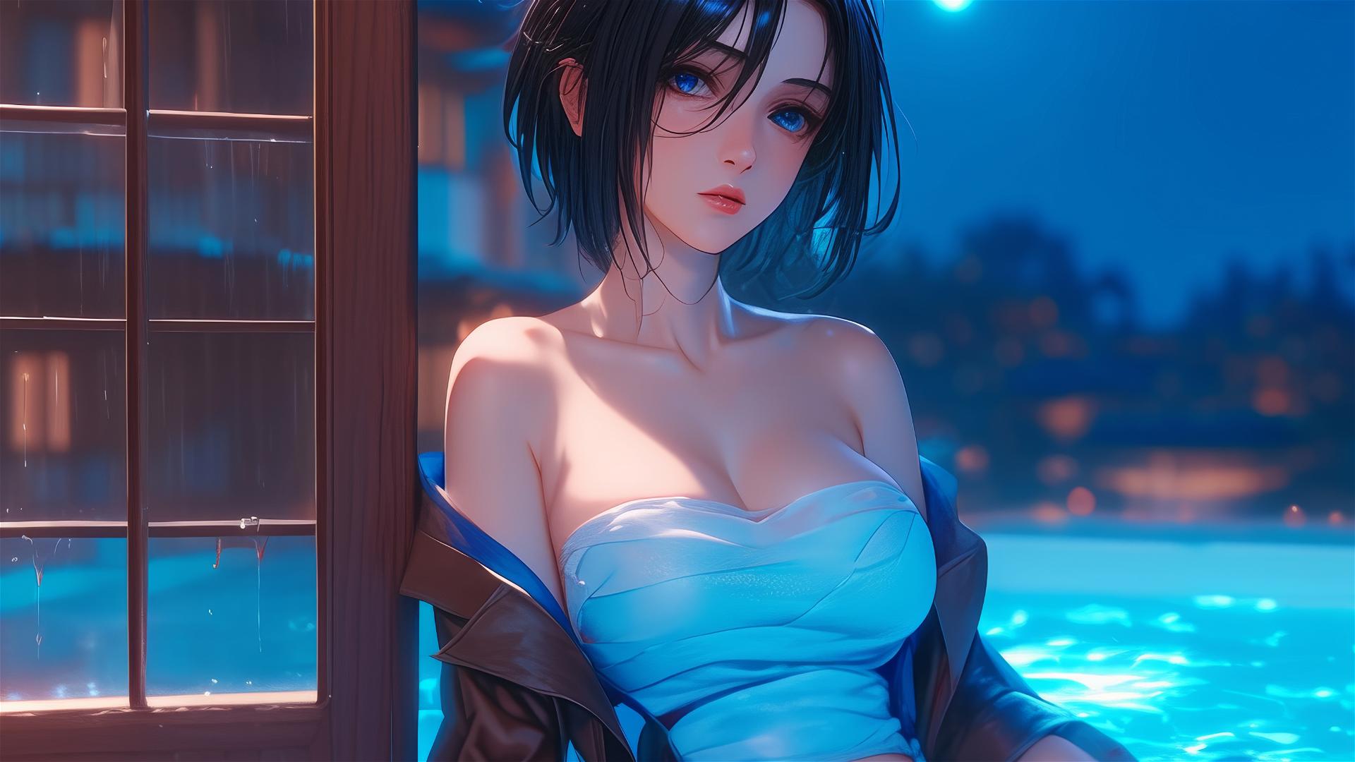 Mikasa Ackerman from Attack on Titan resting in a tub under moonlight