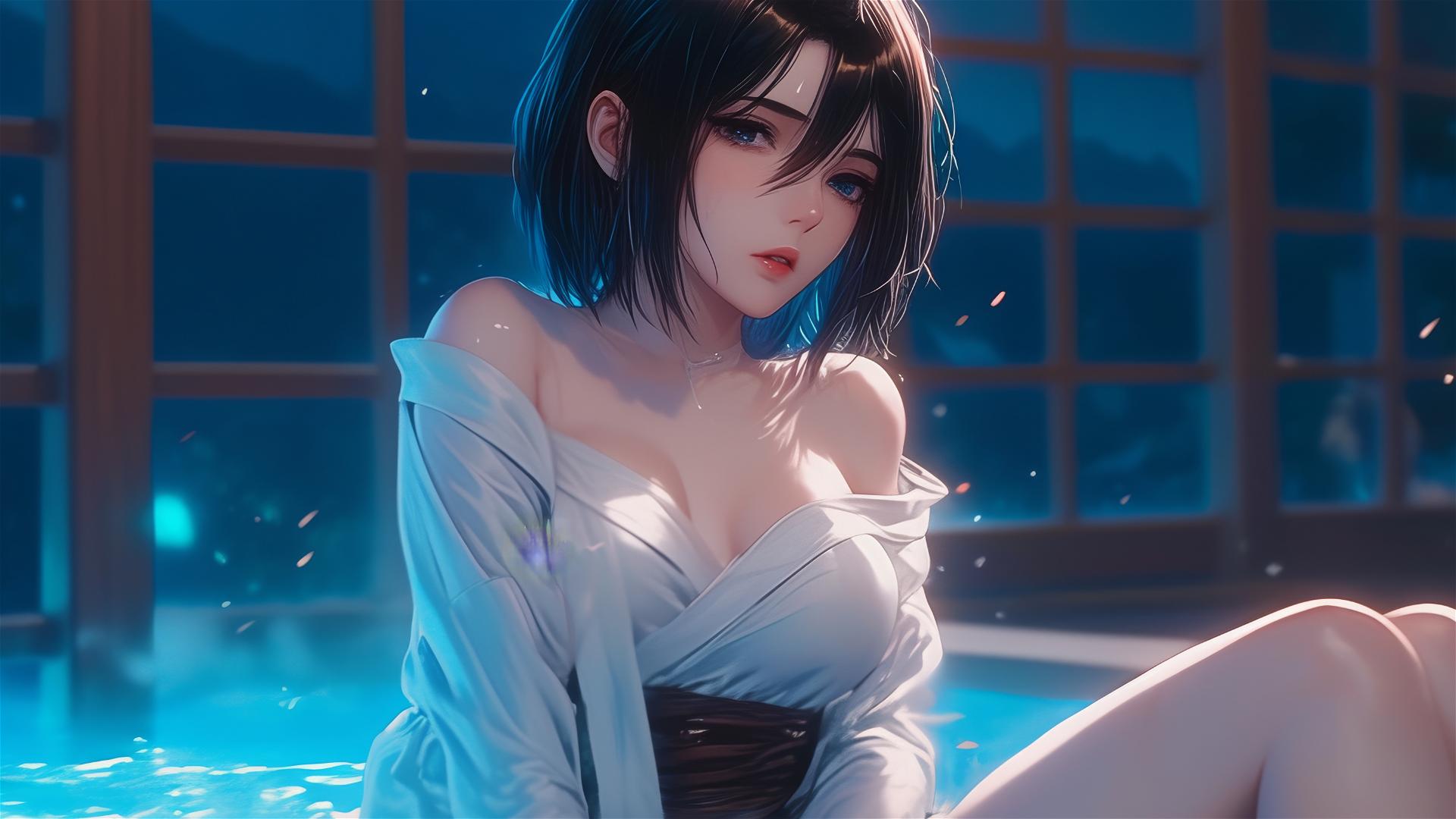 Mikasa Ackerman from Attack on Titan in a tub, under moonlit night, in apartment