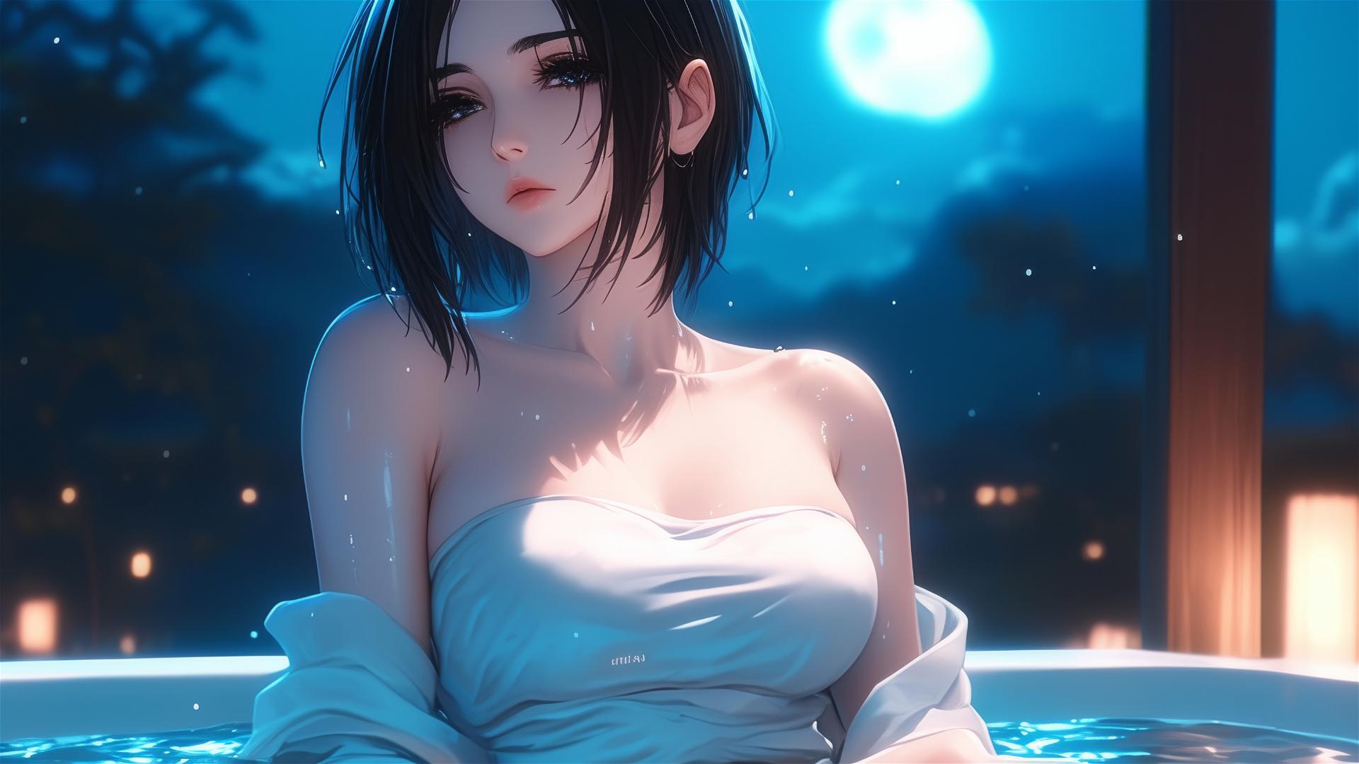 Mikasa Ackerman from Attack on Titan, resting in tub under moonlight