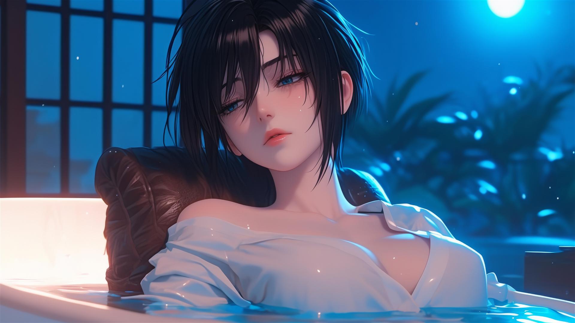 Mikasa Ackerman from Attack on Titan resting in tub with moonlight illuminating her figure through window