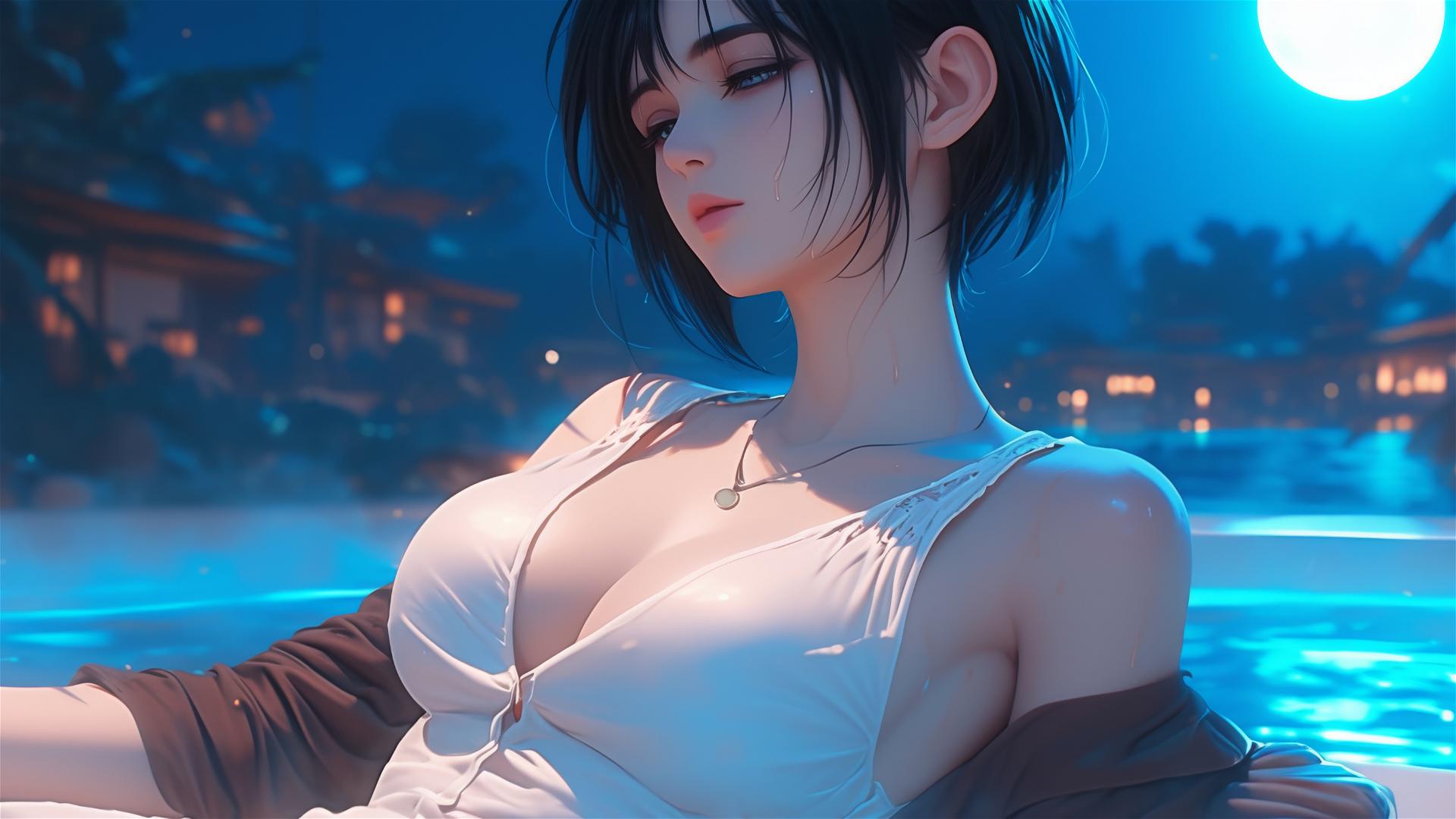 Mikasa Ackerman resting in tub by moonlight with short hair