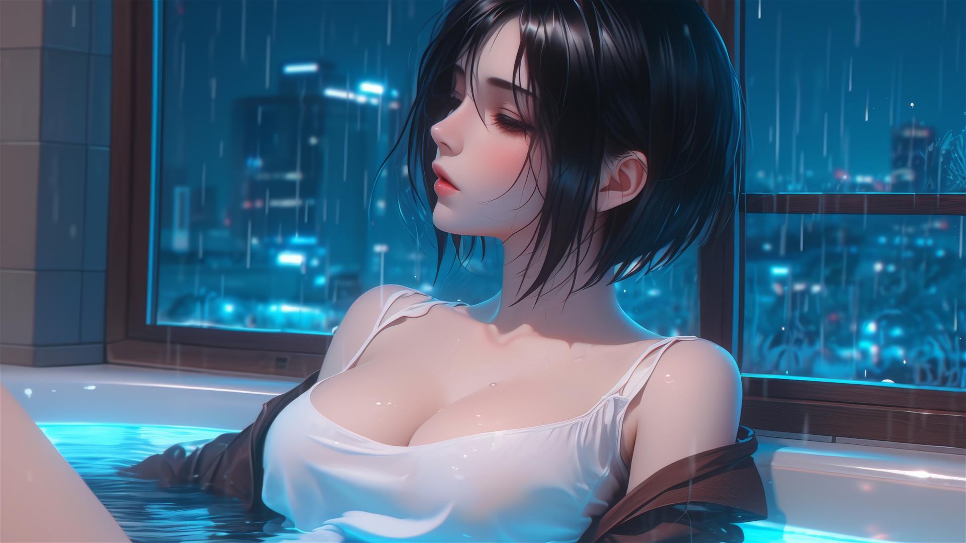 Mikasa Ackerman from Attack on Titan resting in an apartment tub under moonlight