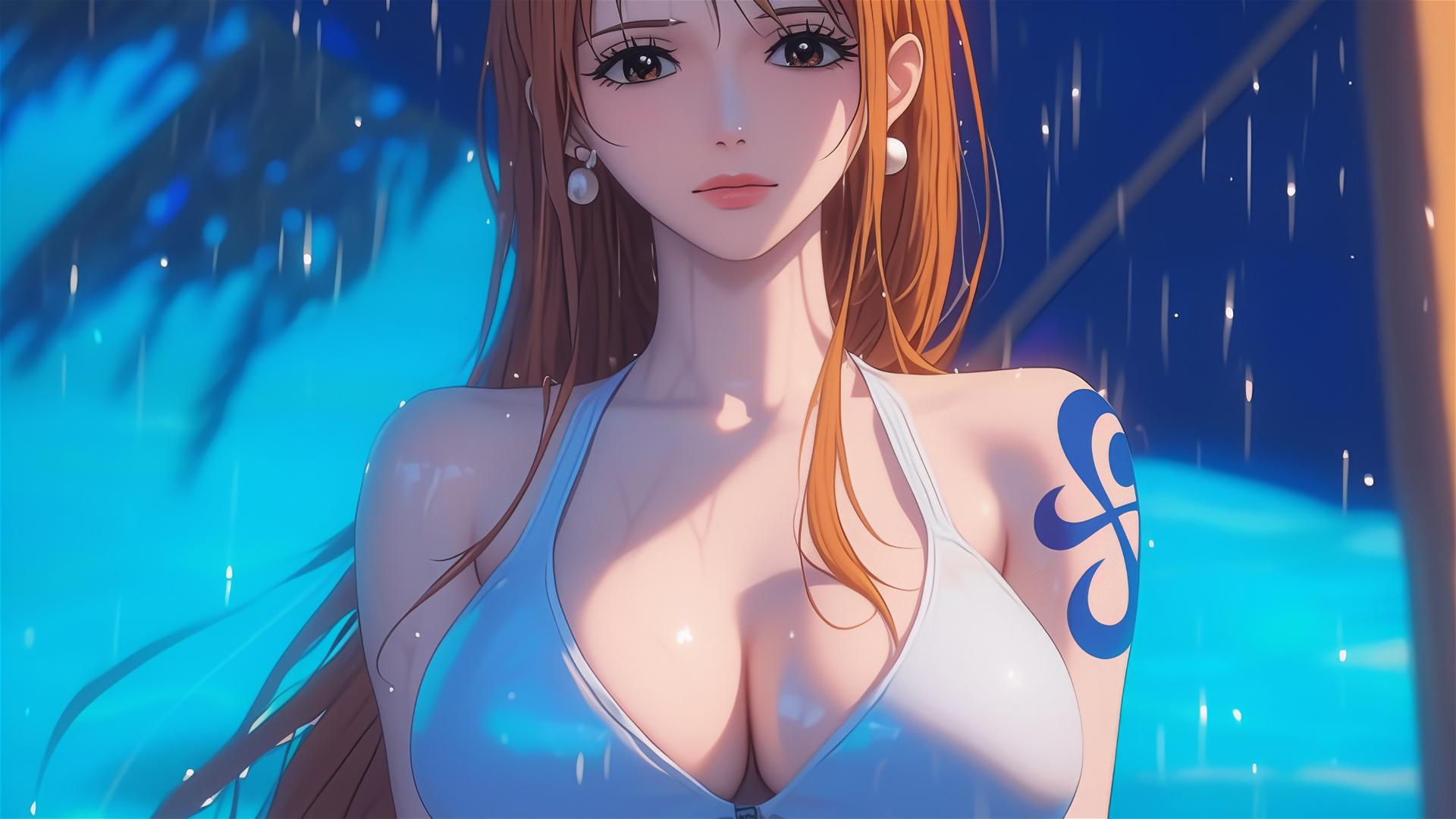 Nami from One Piece in a tub with moonlight and rain