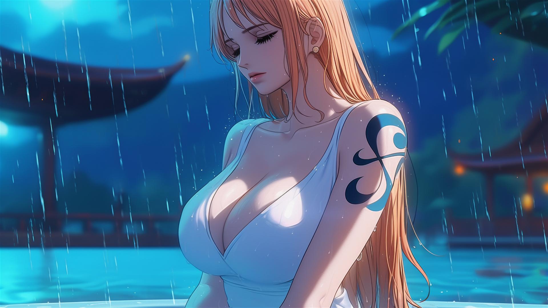 Nami from One Piece resting in a tub with moonlight and rain