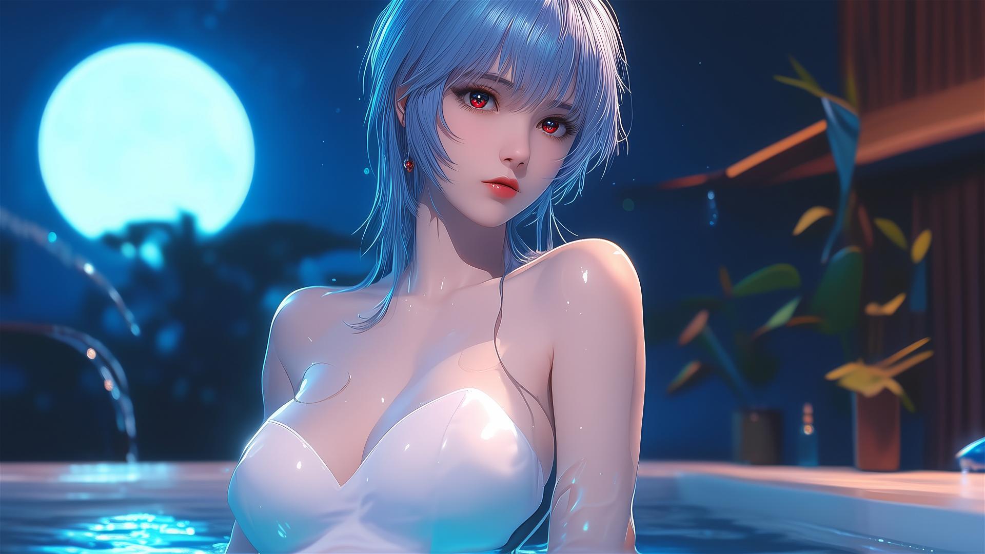 Rei Ayanami from Neon Genesis Evangelion resting in tub under moonlight with short blue hair