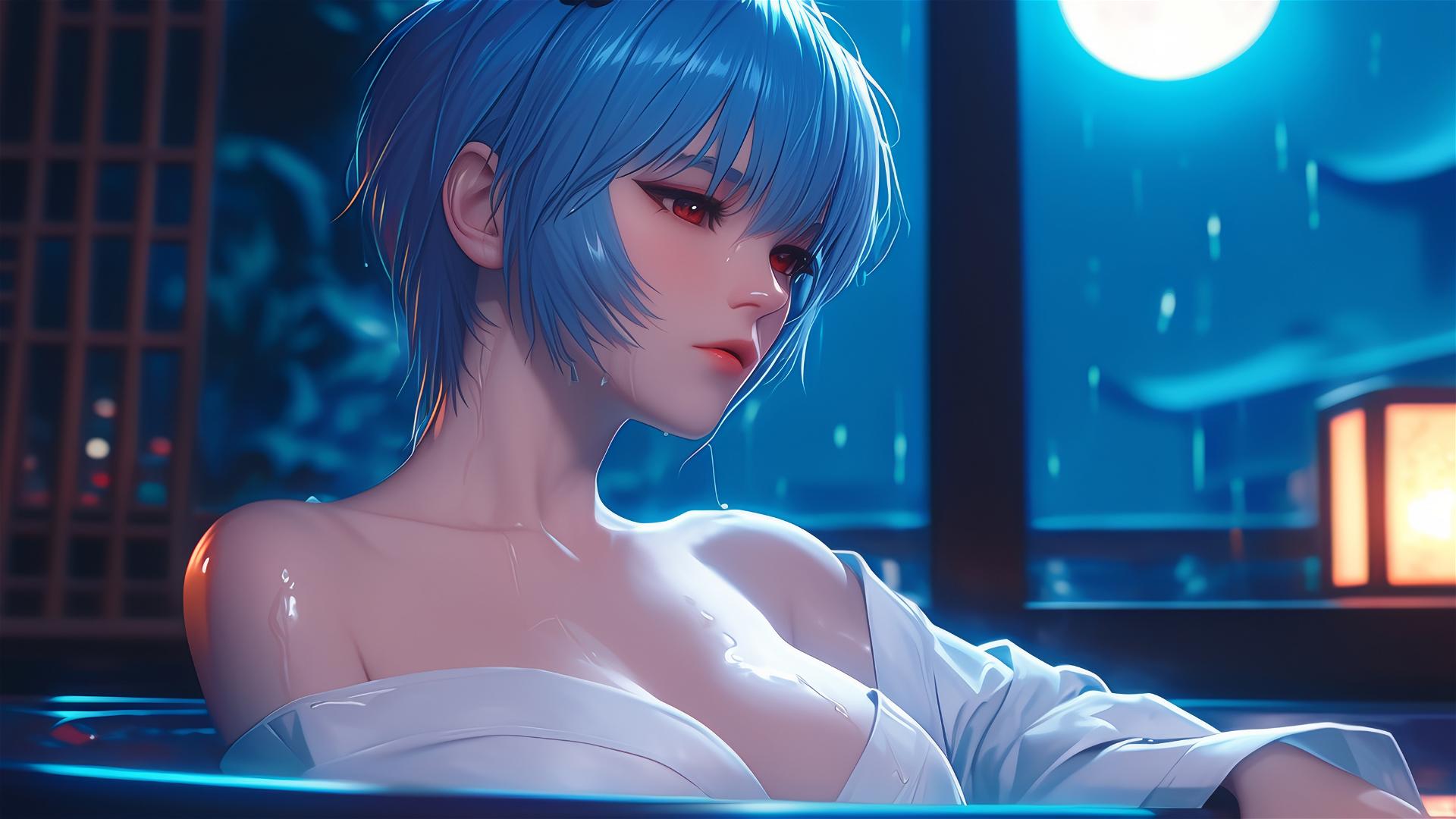 Rei Ayanami resting in her tub with moonlight glow