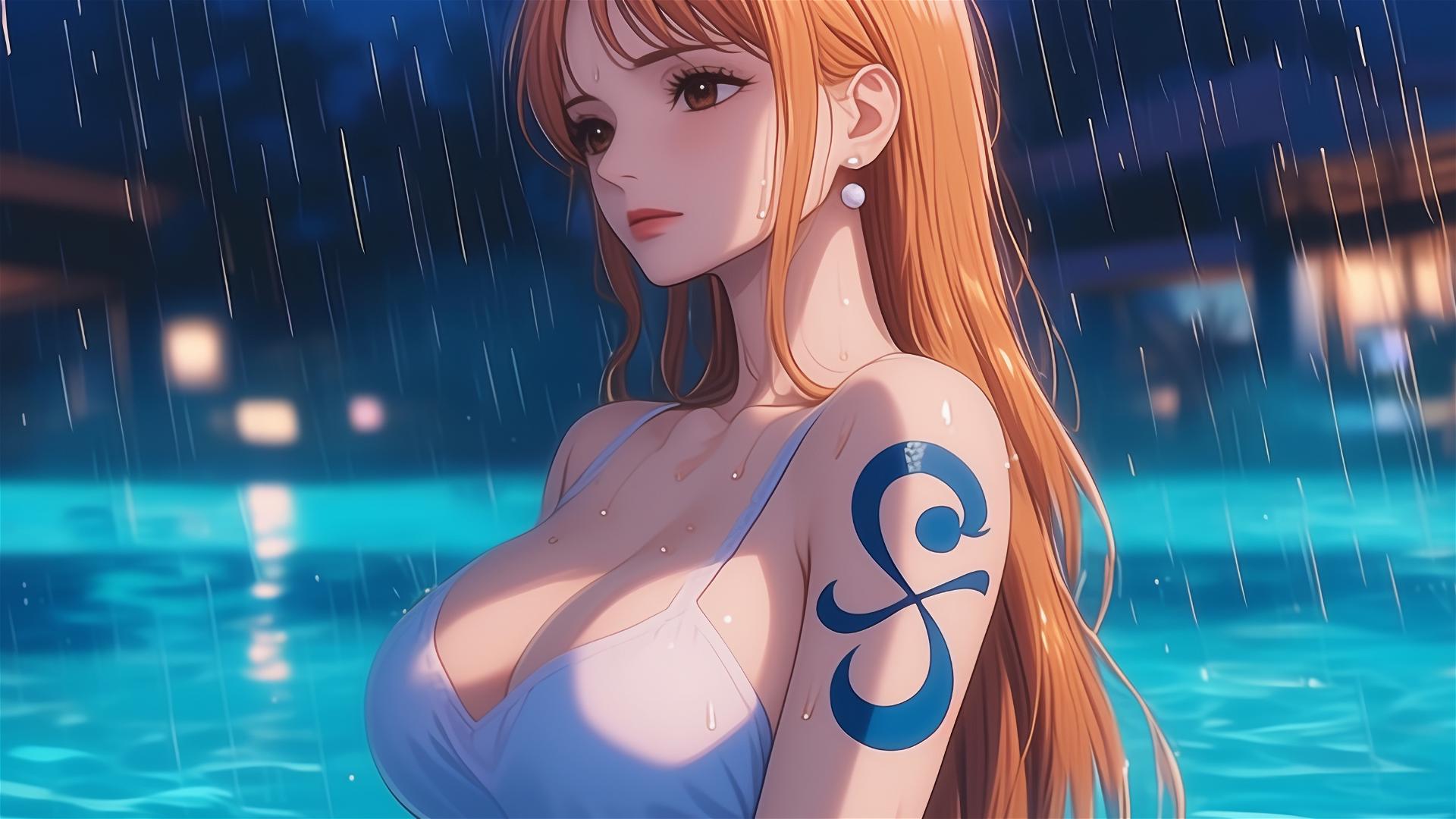 Nami from One Piece relaxing in a tub under moonlight with rainy ambiance