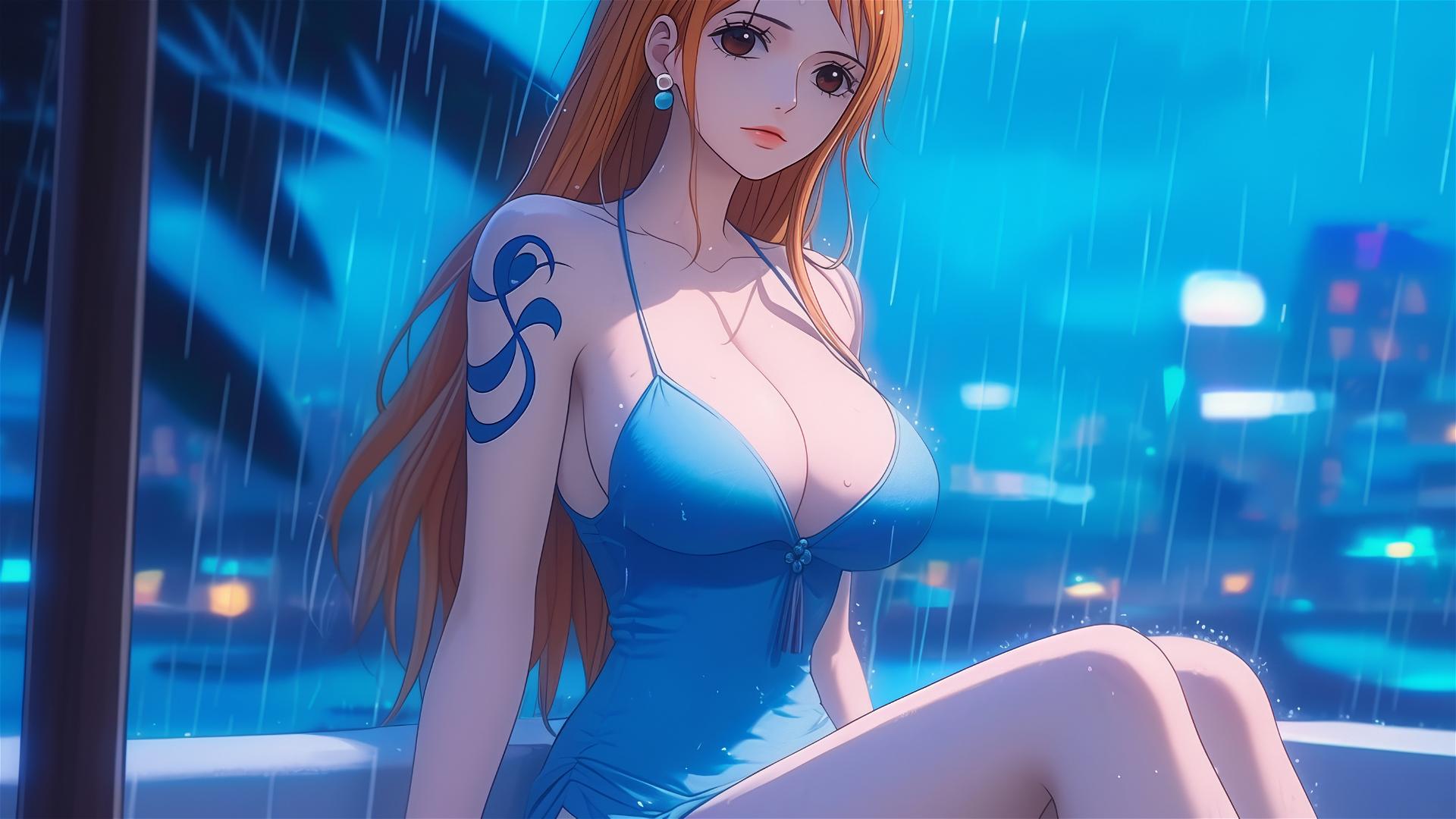 Nami from One Piece, orange-haired, with light brown eyes, resting leisurely in an apartment tub under soft moonlight in a rainy weather