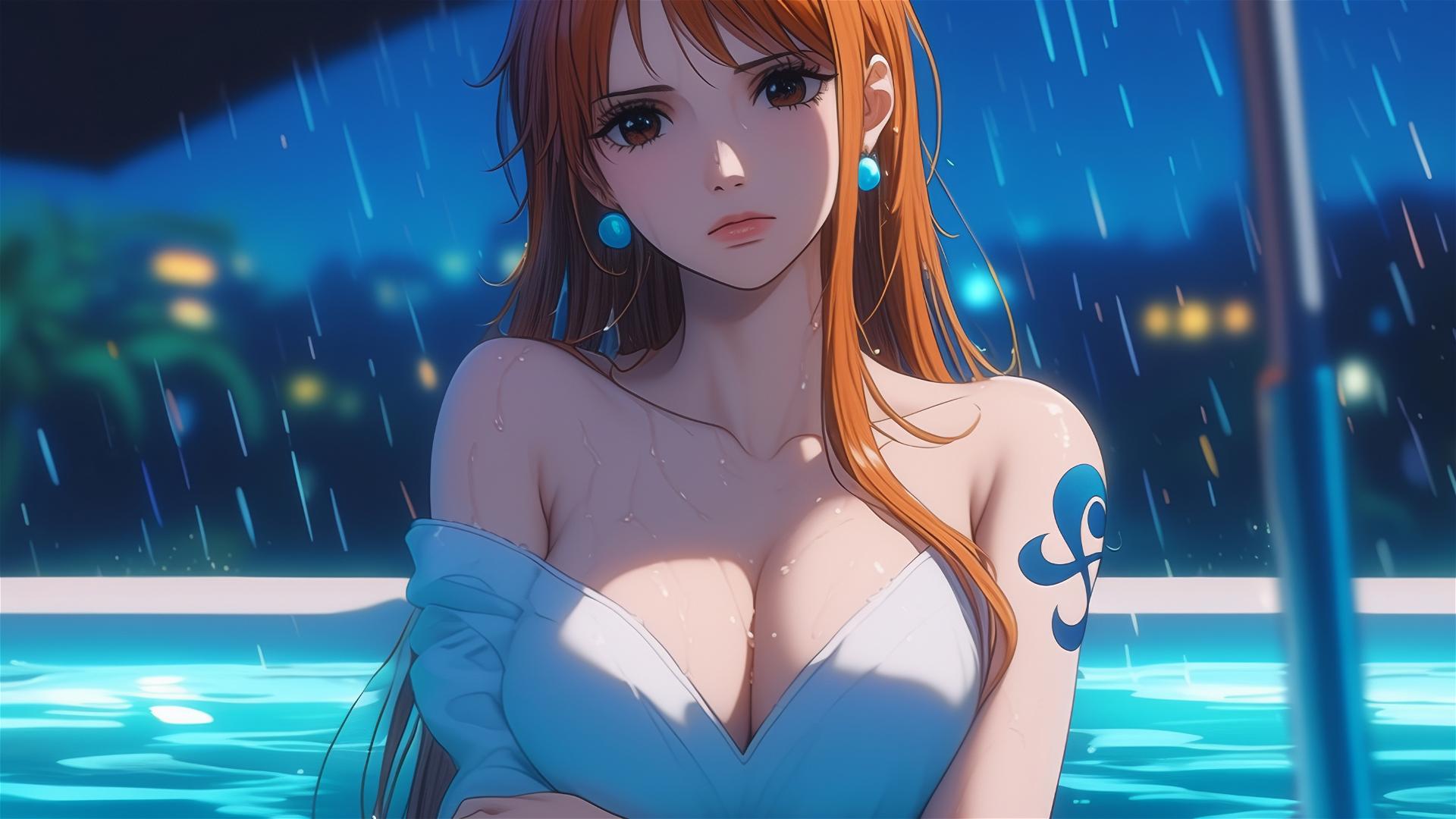 Nami from One Piece leisurely resting in a tub under moonlight during rain