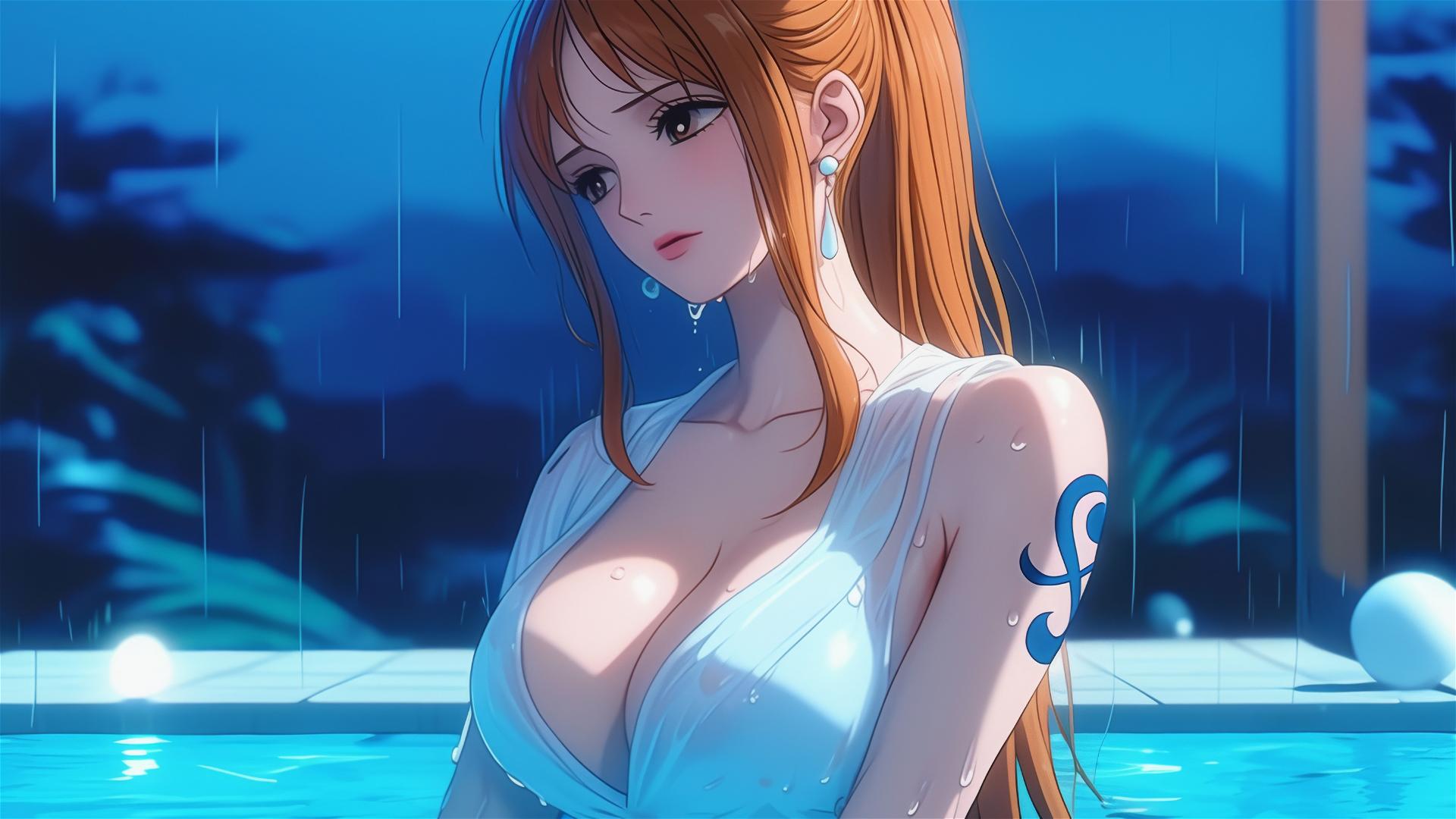 Orange-haired Nami from One Piece resting in tub with soft glow from moonlight in a rainy night scene