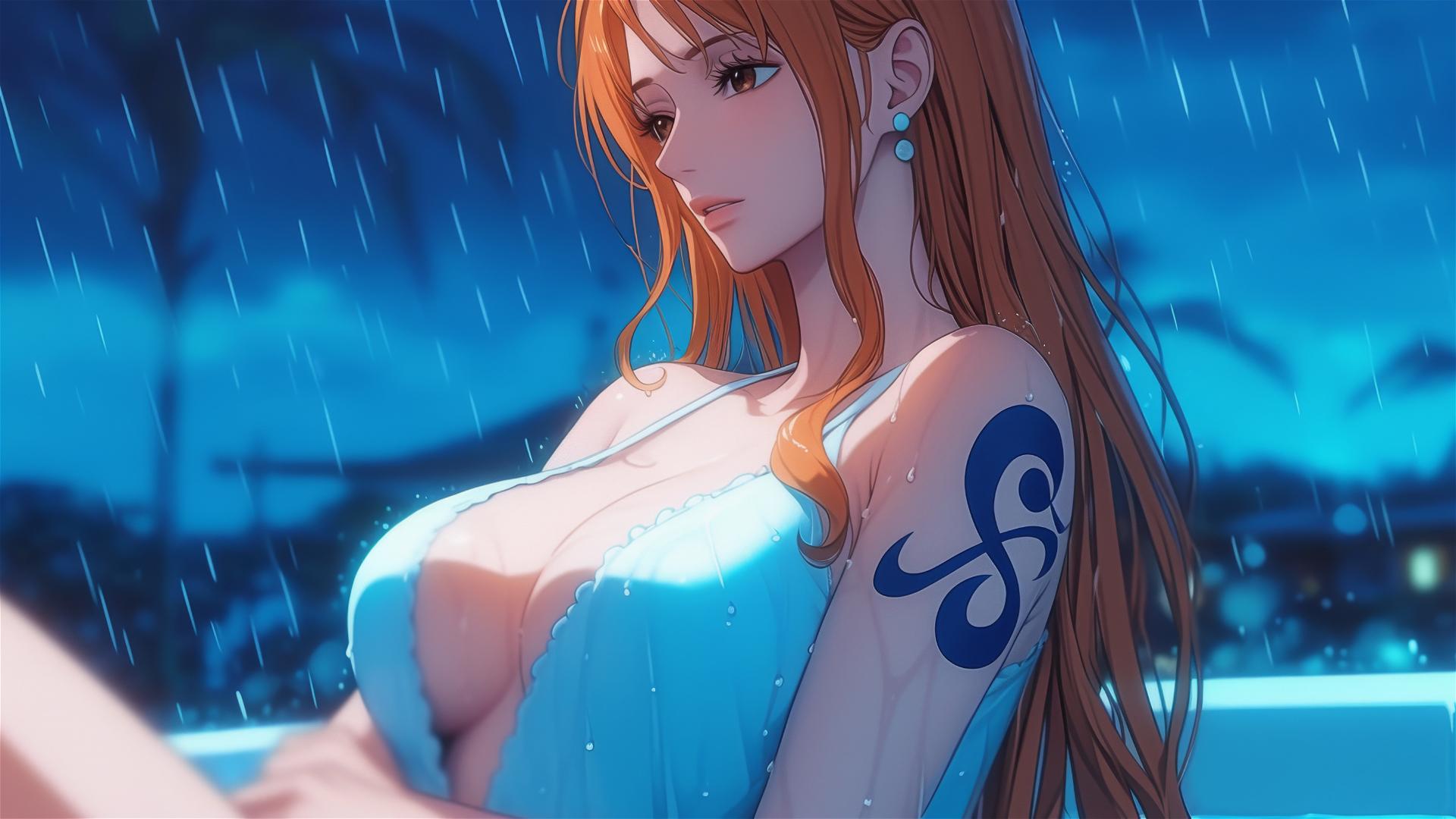 Nami from One Piece resting in a tub under moonlight in her apartment on a rainy day