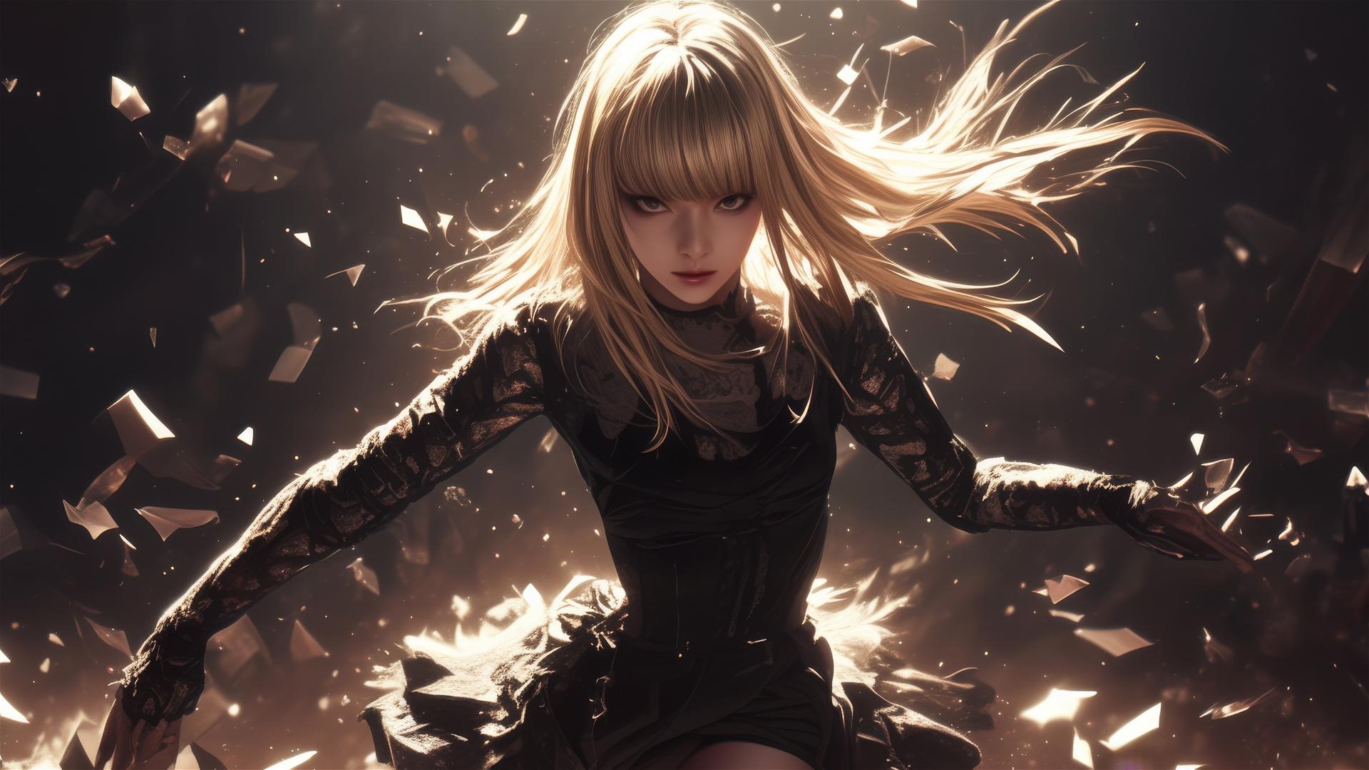 Isolated shot of Misa Amane from Death Note on dark background with dynamic pose and spotlight effect