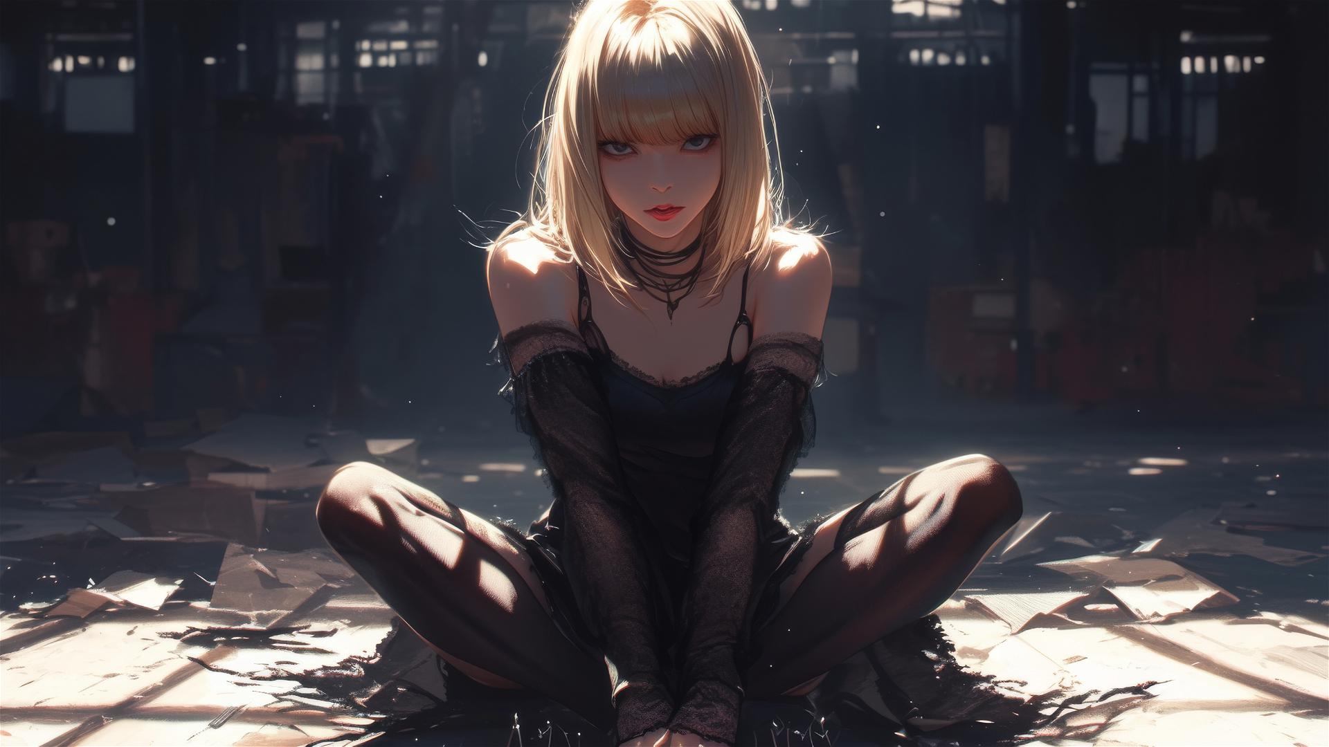 Isolated Misa Amane from Death Note on a dark background doing a dynamic pose under spotlight
