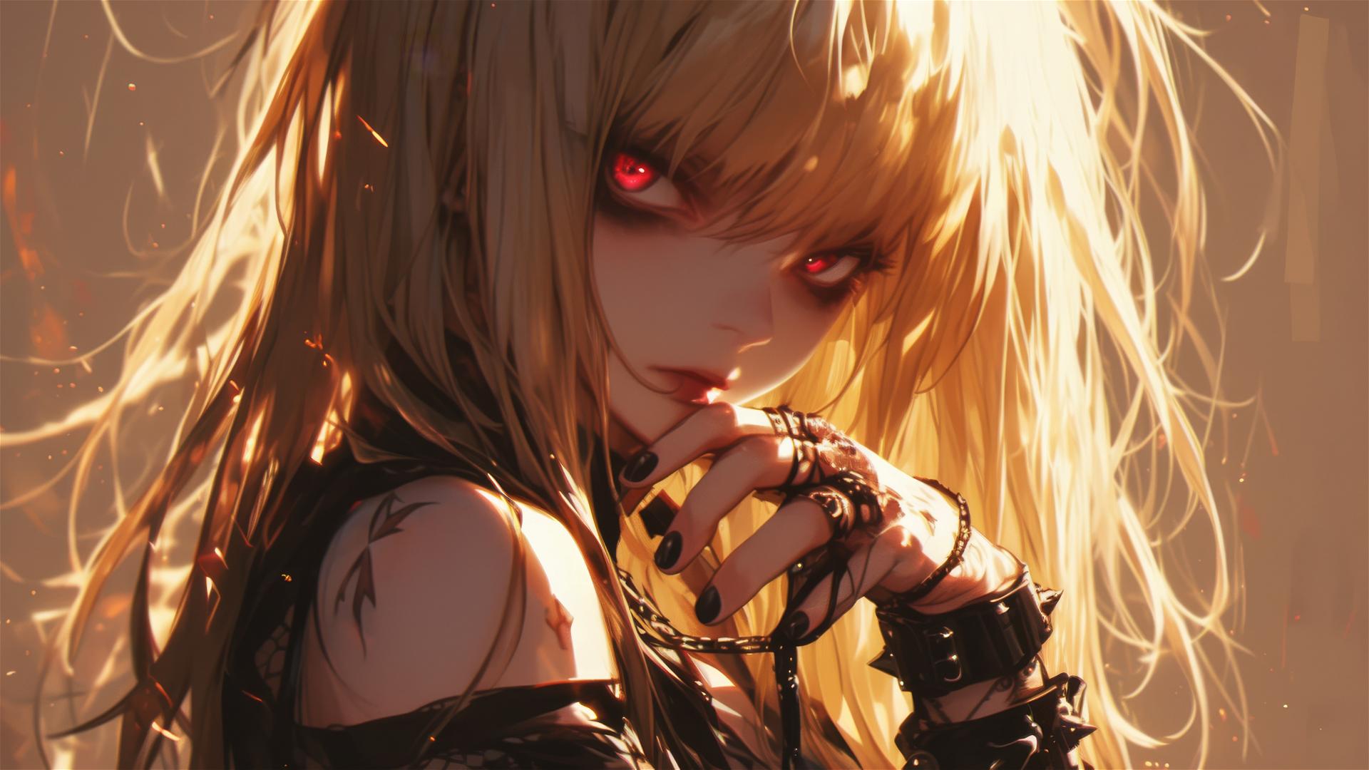 Misa Amane from Death Note in a dark and moody atmosphere with red-eyed mystery, spotlight from below