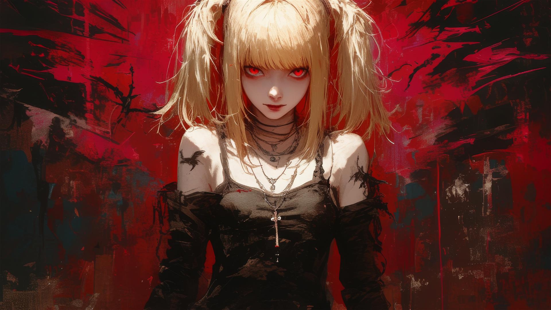 Misa Amane from Death Note in a dark and moody atmosphere with red eyes illuminated by a spotlight from below
