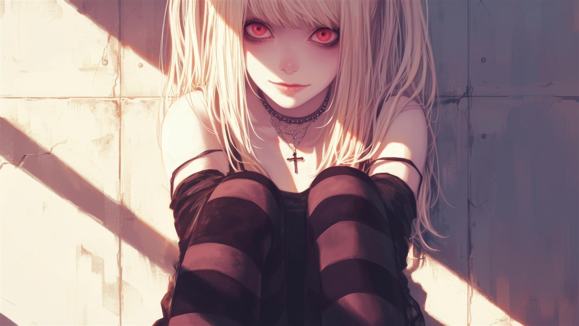 Misa Amane from Death Note posing serenely on a shaded background with her beautiful red eyes highlighted under a soft spotlight