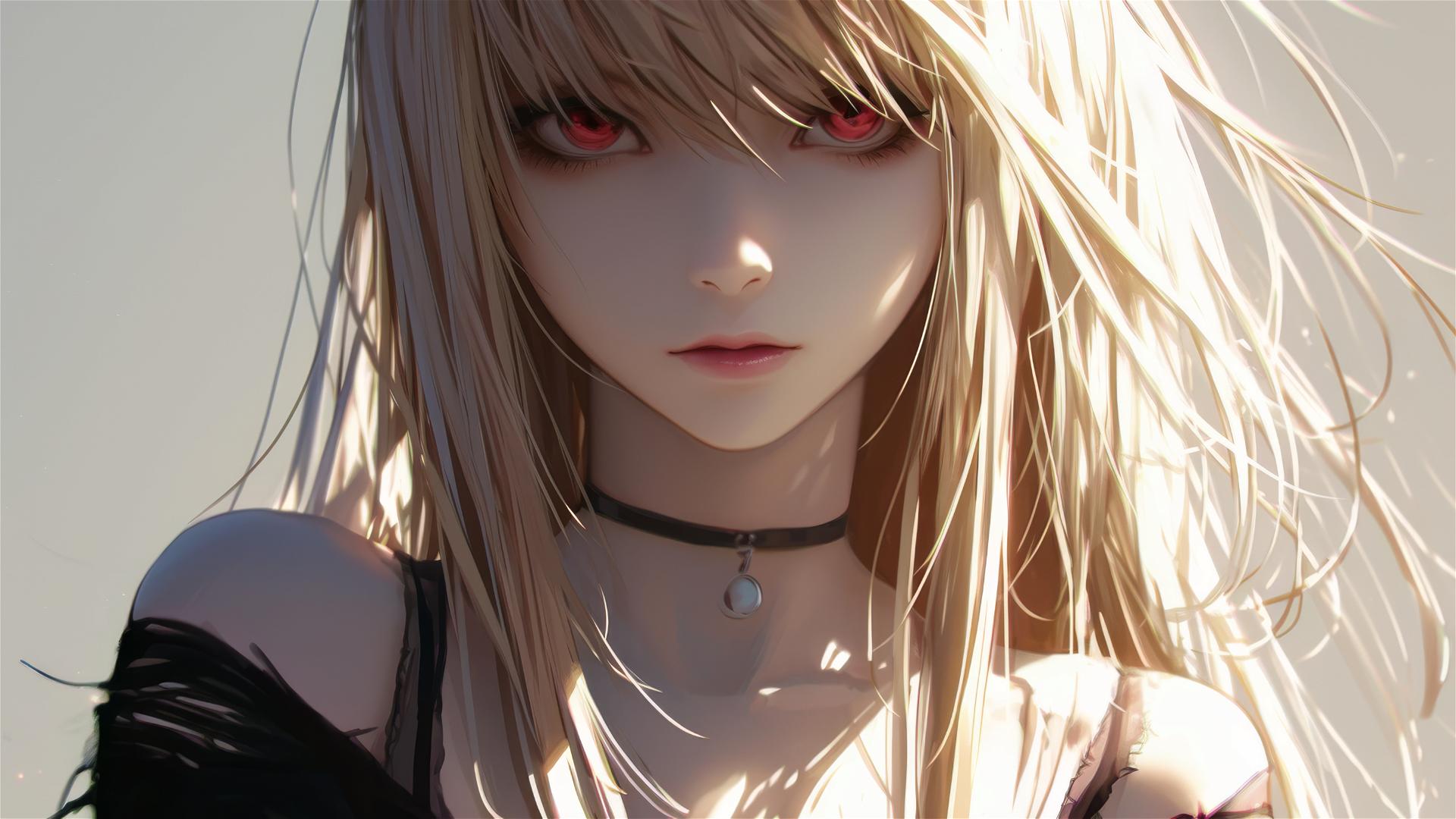 Artistic rendition of Misa Amane from Death Note in a serene pose, with a shaded background and soft spotlight on her red eyes