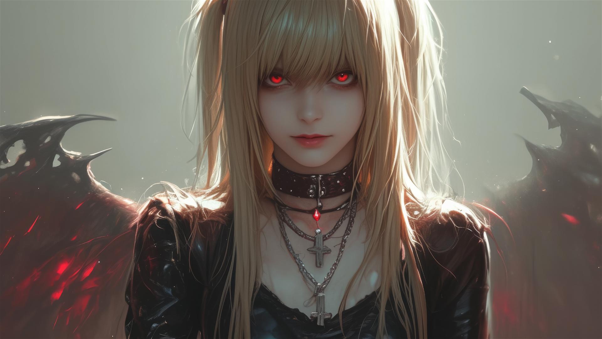 Dark foggy atmosphere with Misa Amane from Death Note looking over her shoulder, showcasing captivating red eyes under a subtle spotlight