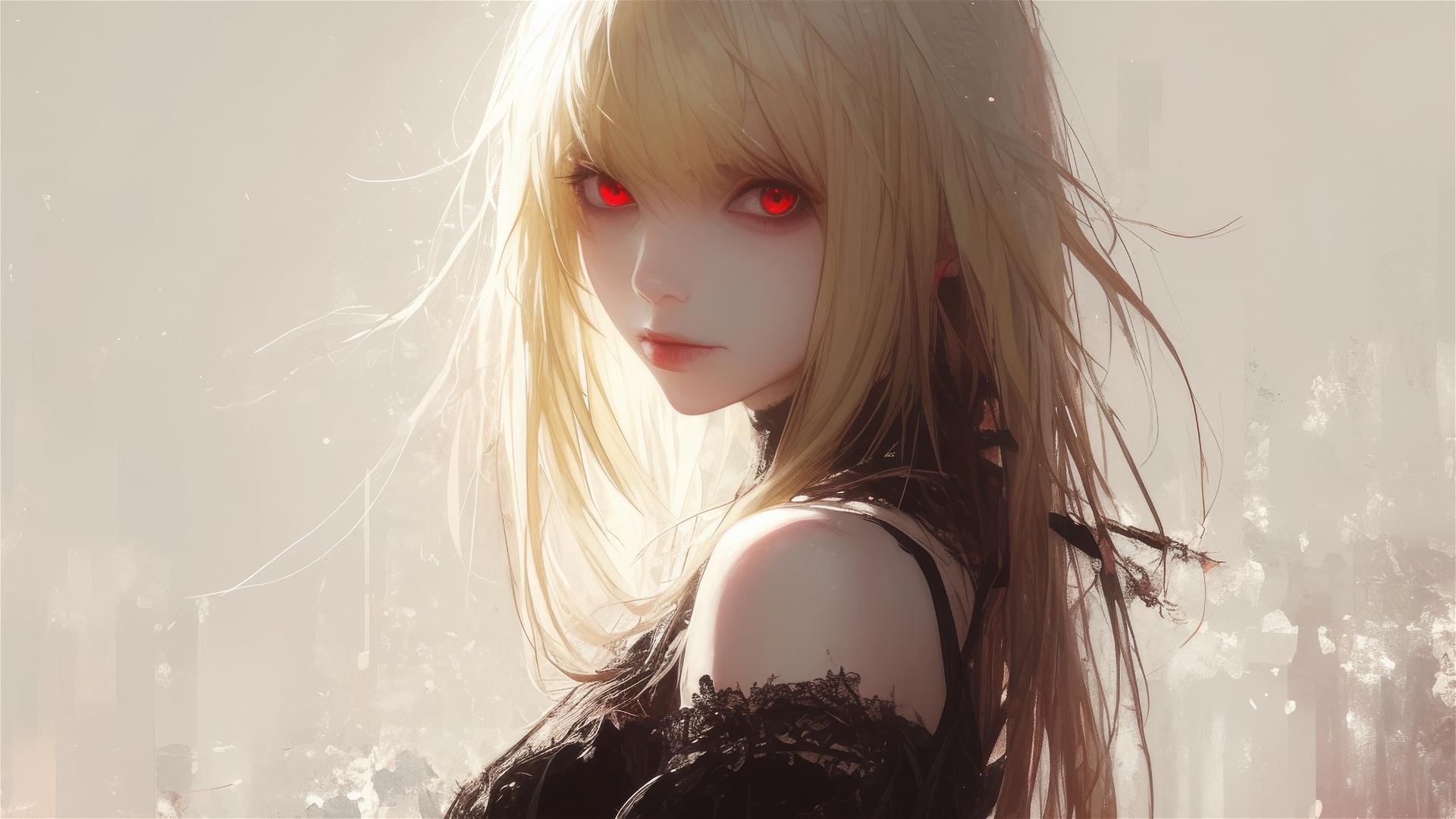 Misa Amane from Death Note in a dark, foggy setting with captivating red eyes and subtle spotlight