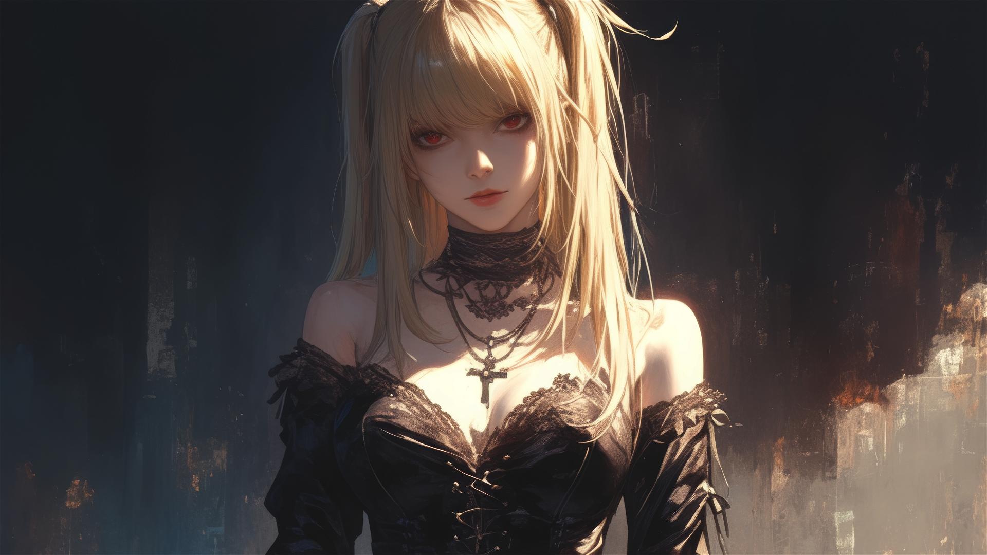 Misa Amane from Death Note in a foggy atmosphere looking over her shoulder with captivating red eyes