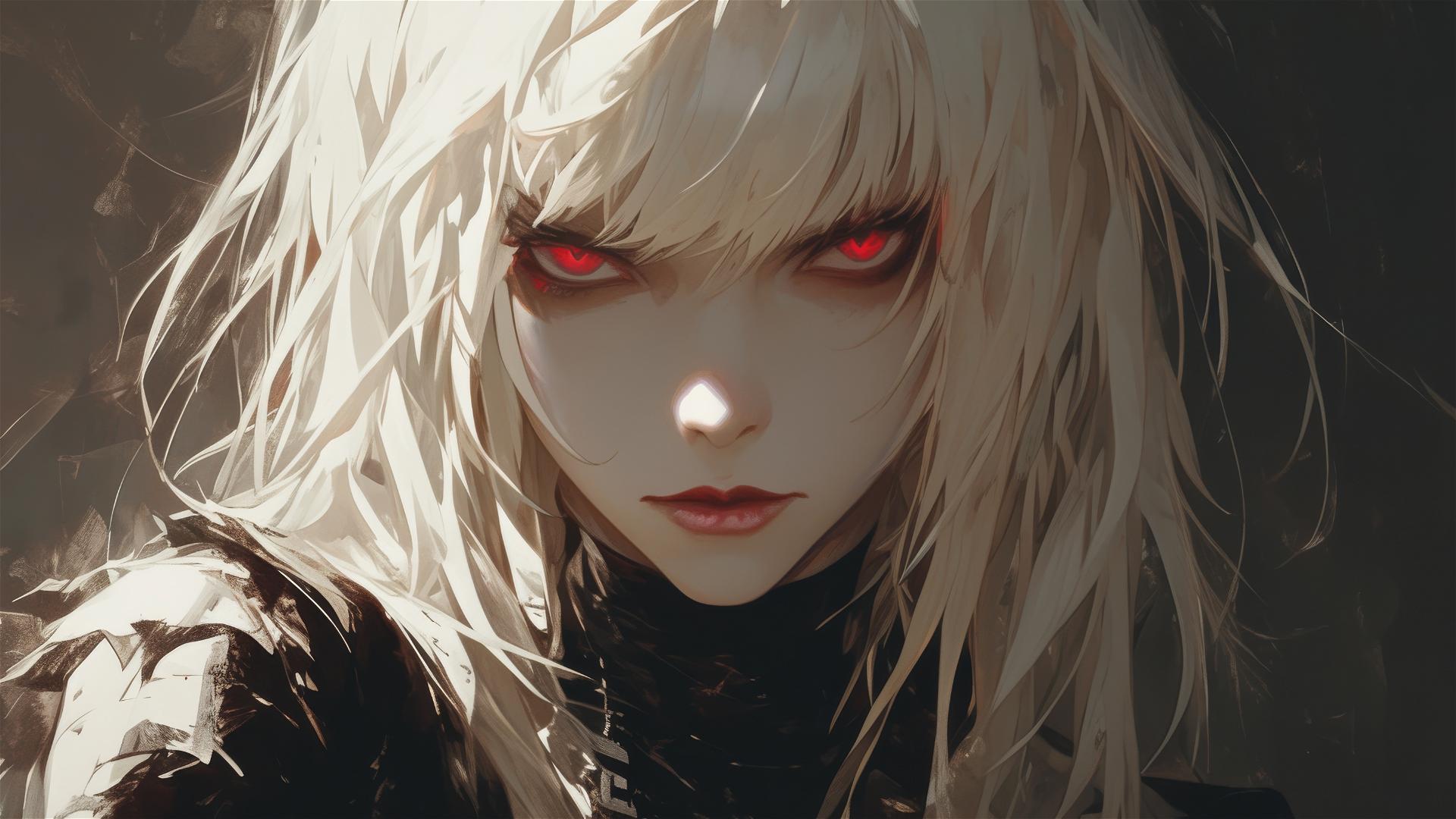 Misa Amane from Death Note in dark foggy setting with red eyes and subtle spotlight