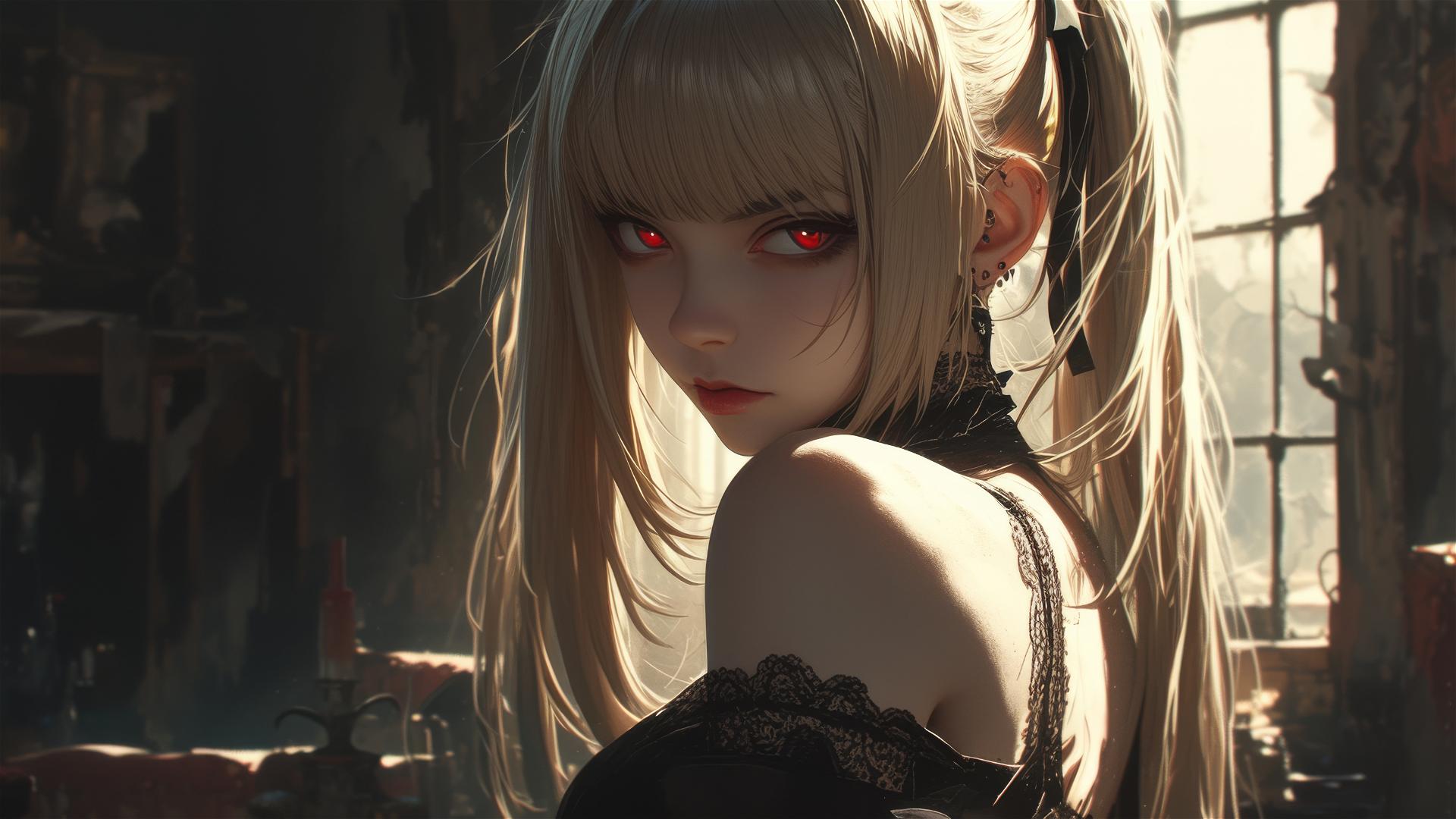 Misa Amane from Death Note in a dark, foggy atmosphere with captivating red eyes and subtle spotlight
