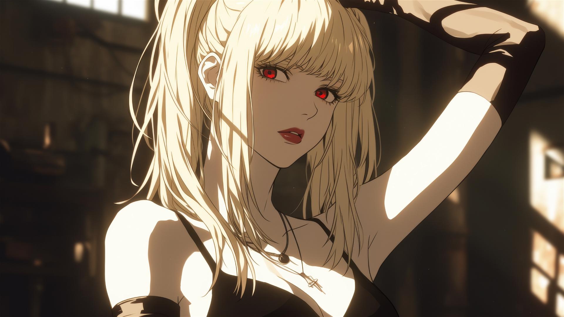 Misa Amane from Death Note in a dark, foggy scene with captivating red eyes under a subtle spotlight