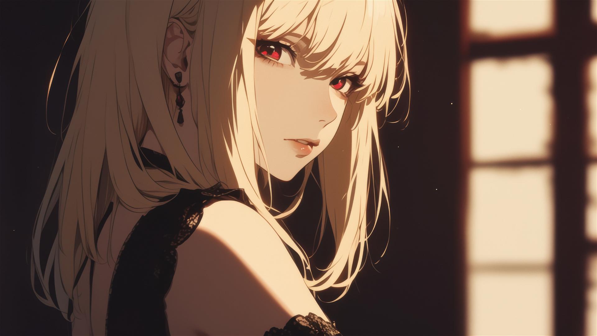Misa Amane from Death Note in a dark, foggy atmosphere with captivating red eyes under a subtle spotlight