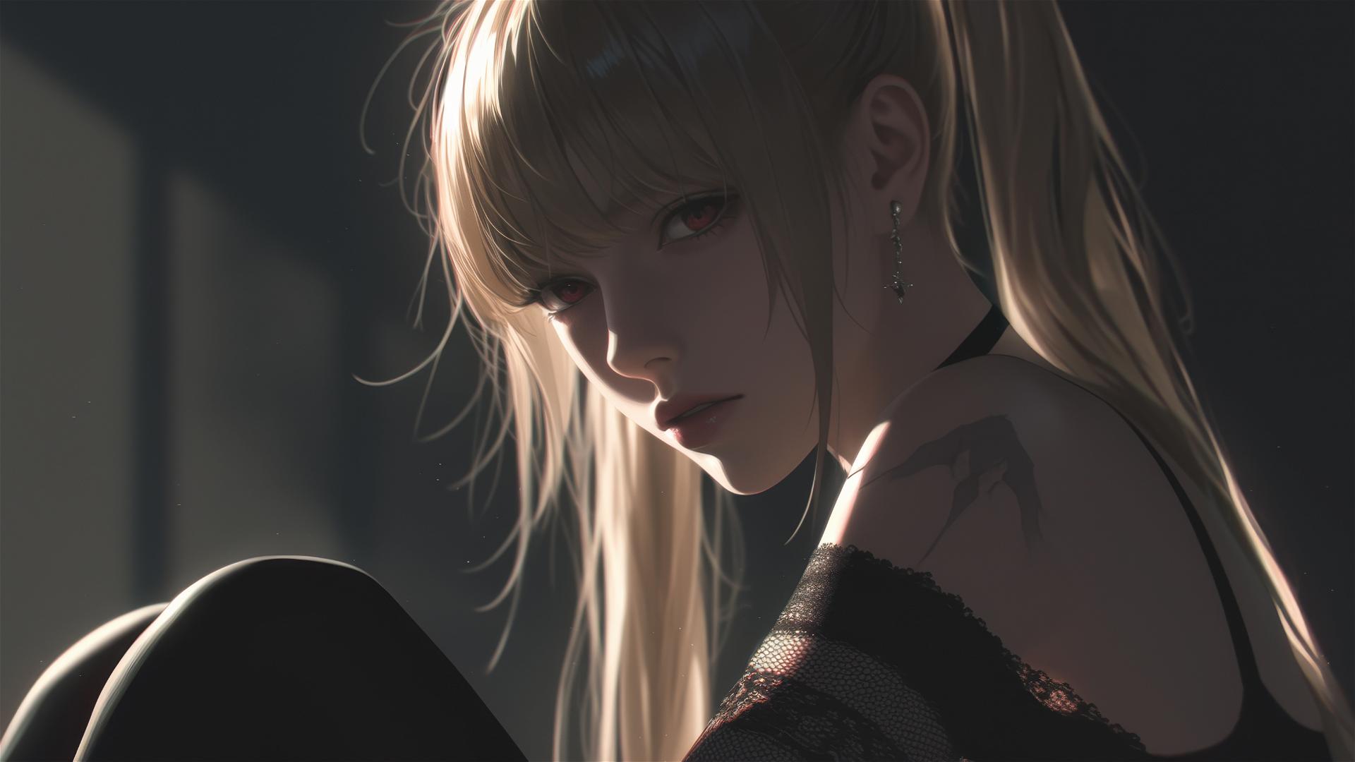 Misa Amane from Death Note in a dark, foggy atmosphere with captivating red eyes under a subtle spotlight