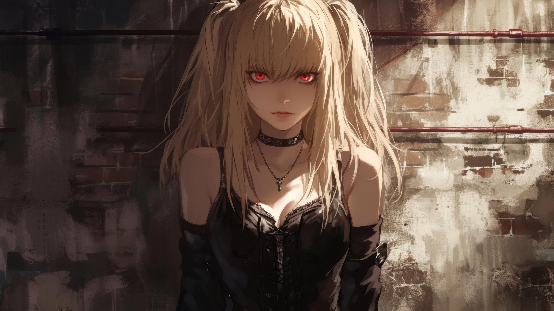 Misa Amane from Death Note in a dark and moody atmosphere with red eyes under a spotlight