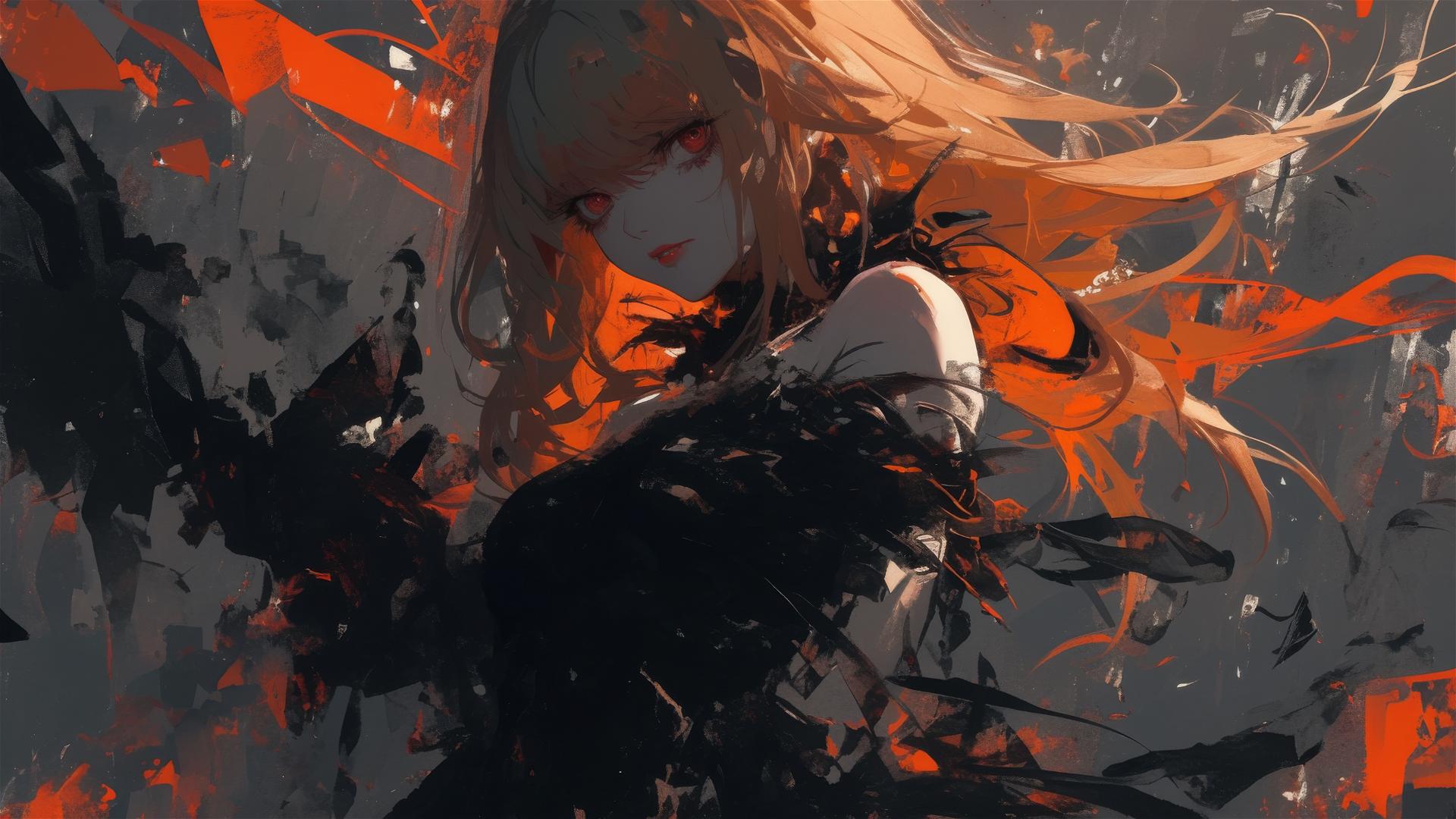 Misa Amane from Death Note in a dark, moody atmosphere with a spotlight from below and mysterious red eyes