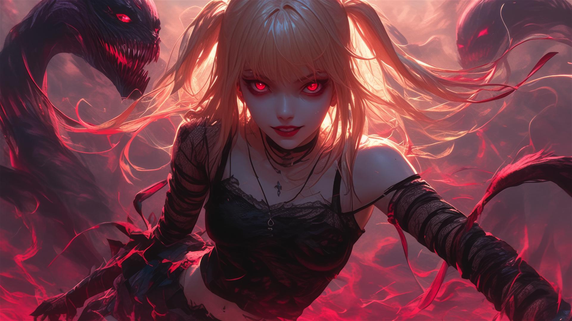 Misa Amane from Death Note mid-jump, illuminated by a spotlight, eyes intense with deep shadows