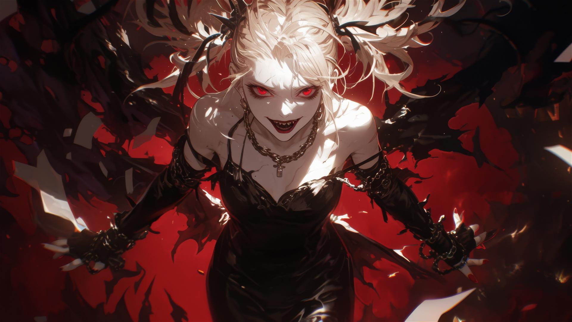Misa Amane from Death Note in mid-jump with deep shadows and intense red eyes, under a spotlight