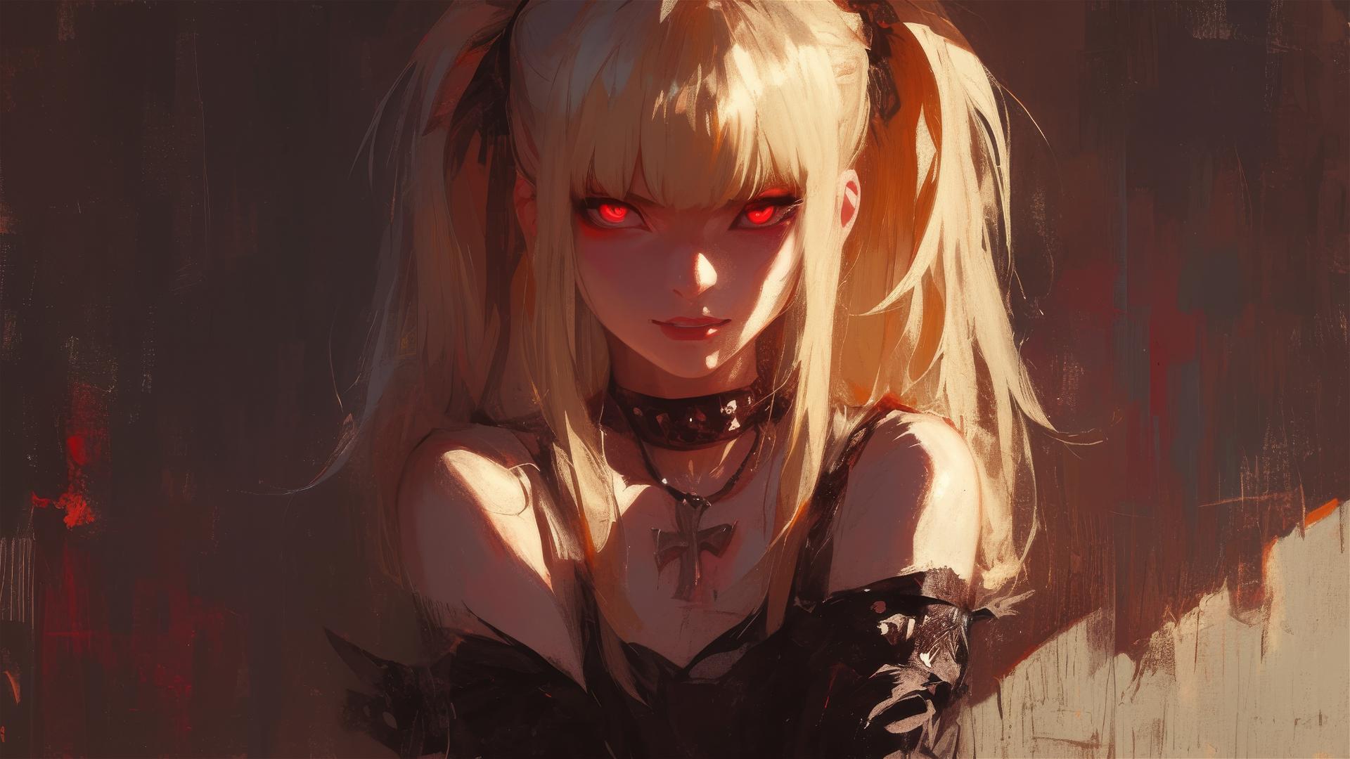 Misa Amane from Death Note in contemplative stance with glowing red eyes and side spotlight