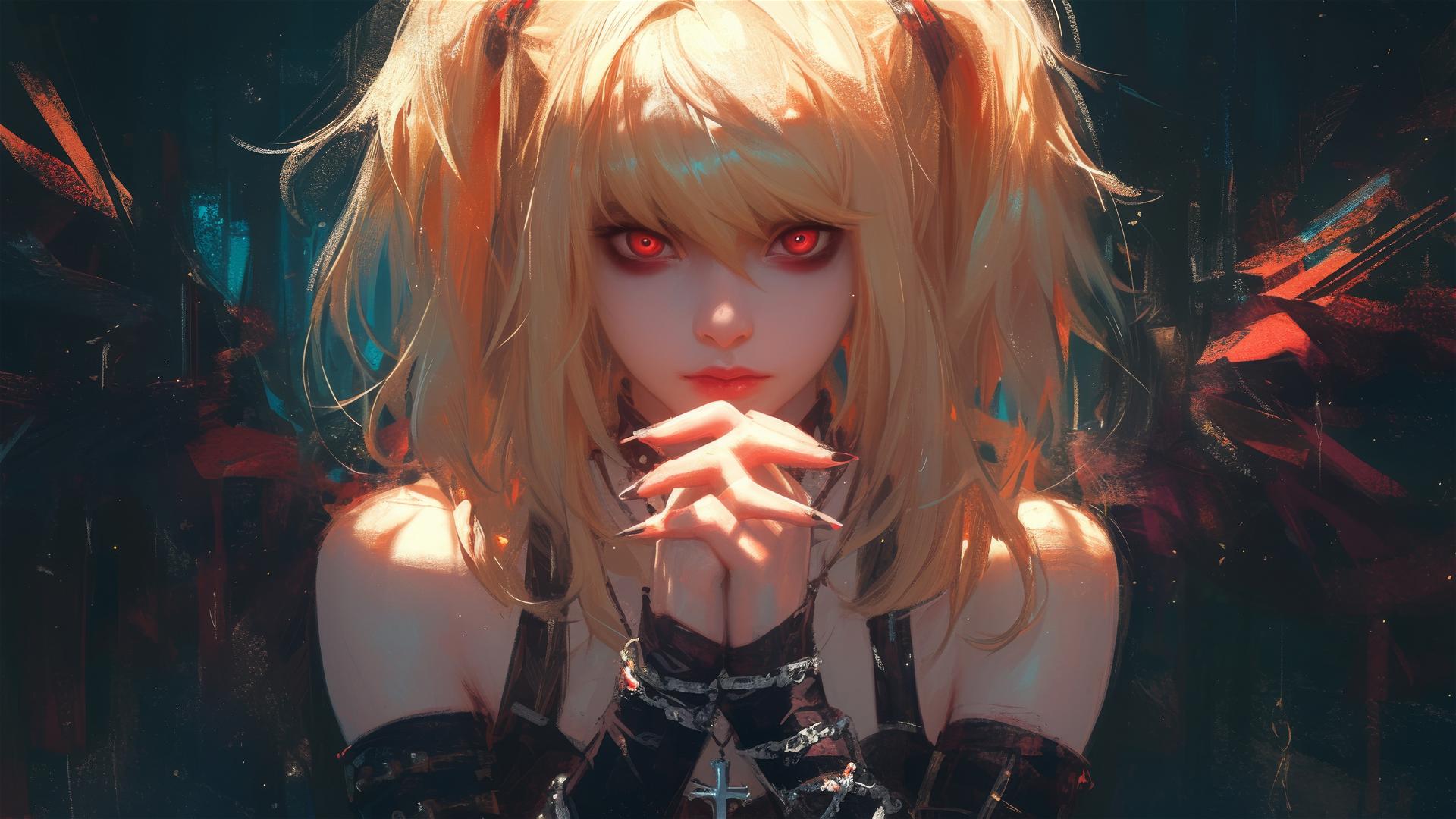 Misa Amane from Death Note in a pensive pose with red eyes, on a dark textured background with a subtle spotlight on her face