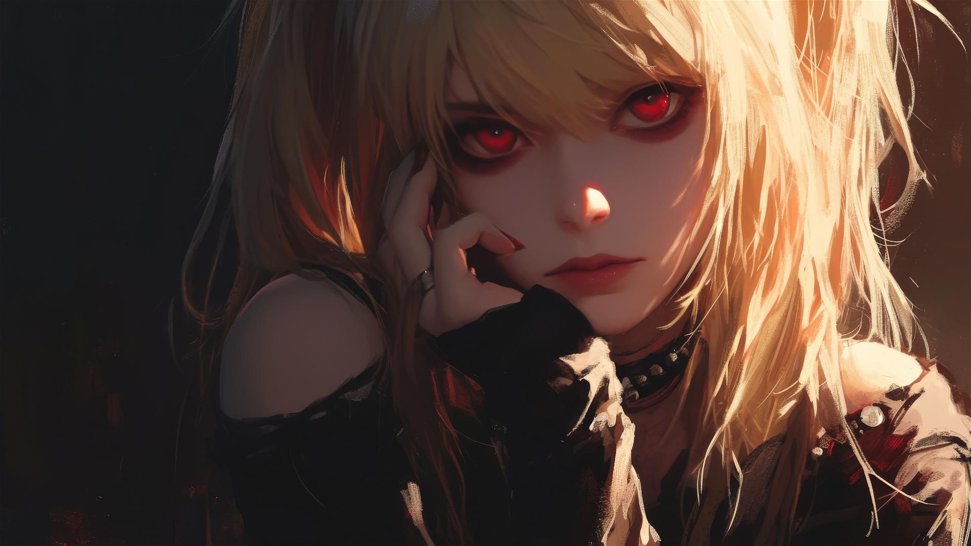 Misa Amane from Death Note in a pensive pose with red eyes, lit by a subtle spotlight on a dark, textured background