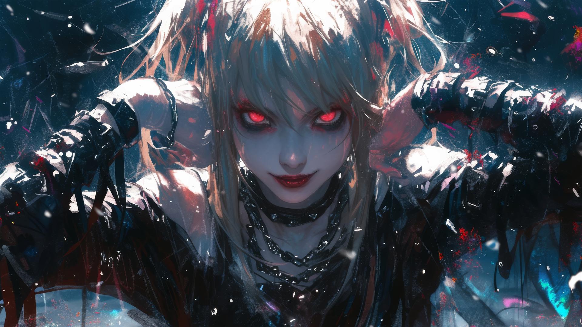 Misa Amane with red eyes in a heroic pose under a spotlight