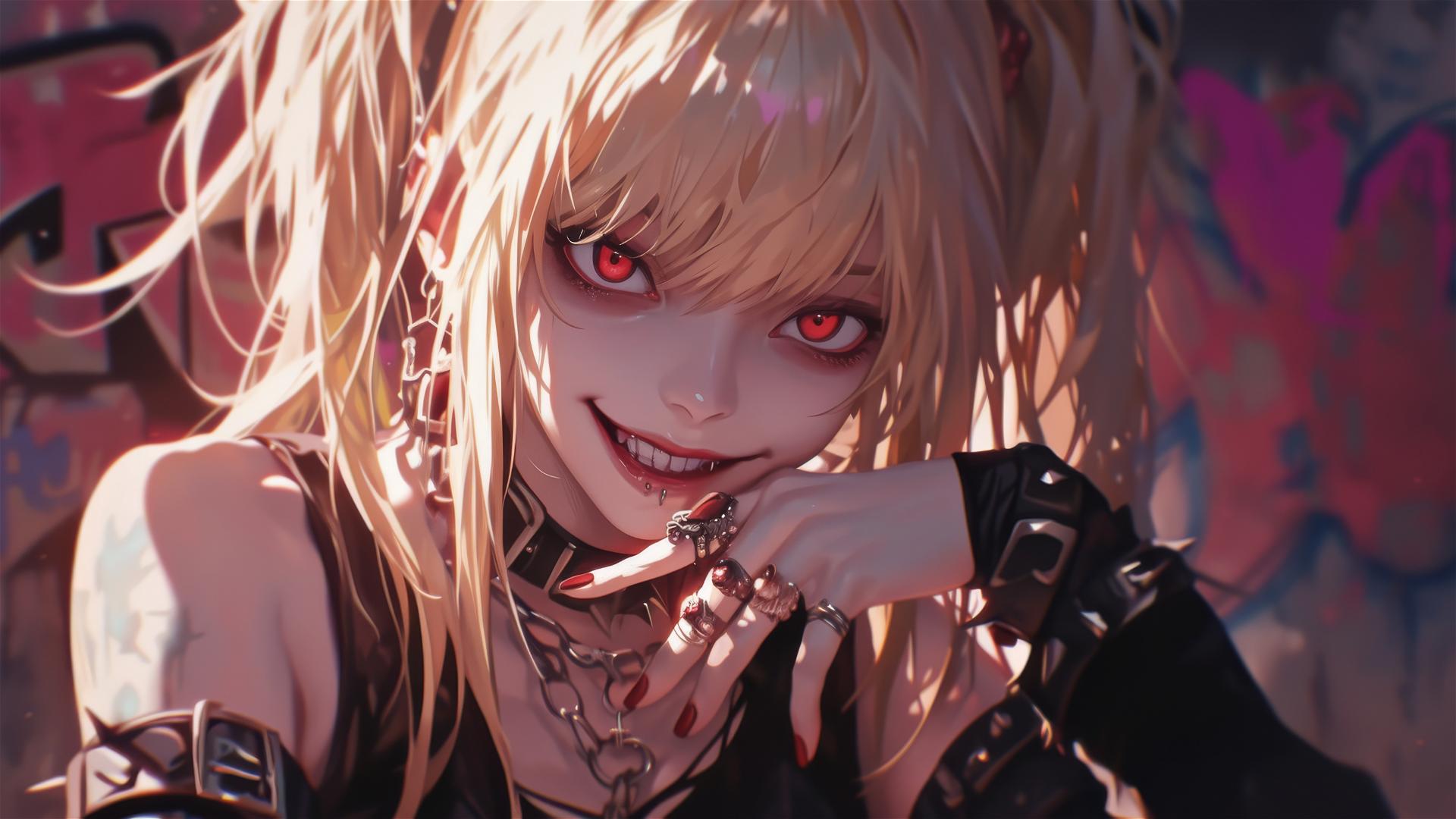 Misa Amane from Death Note with a captivating smile and red eyes in a dark, blurred background