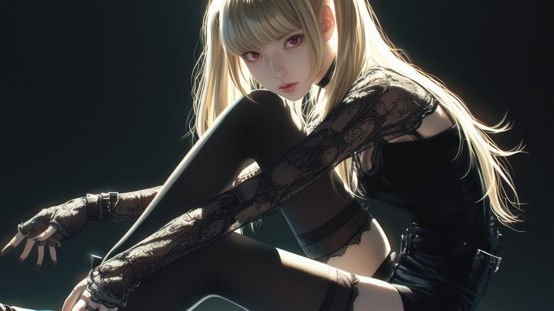 Isolated image of Misa Amane from Death Note with red eyes and dynamic pose on dark background with spotlight effect