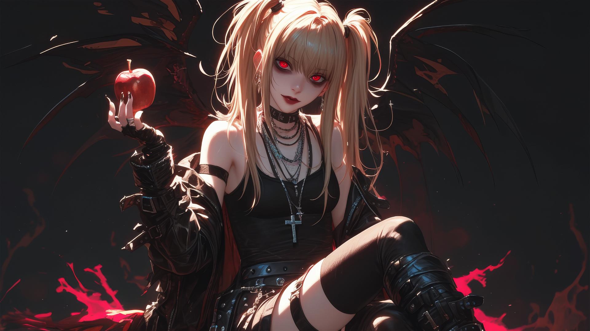 Misa Amane from Death Note with red eyes in dynamic pose on dark background