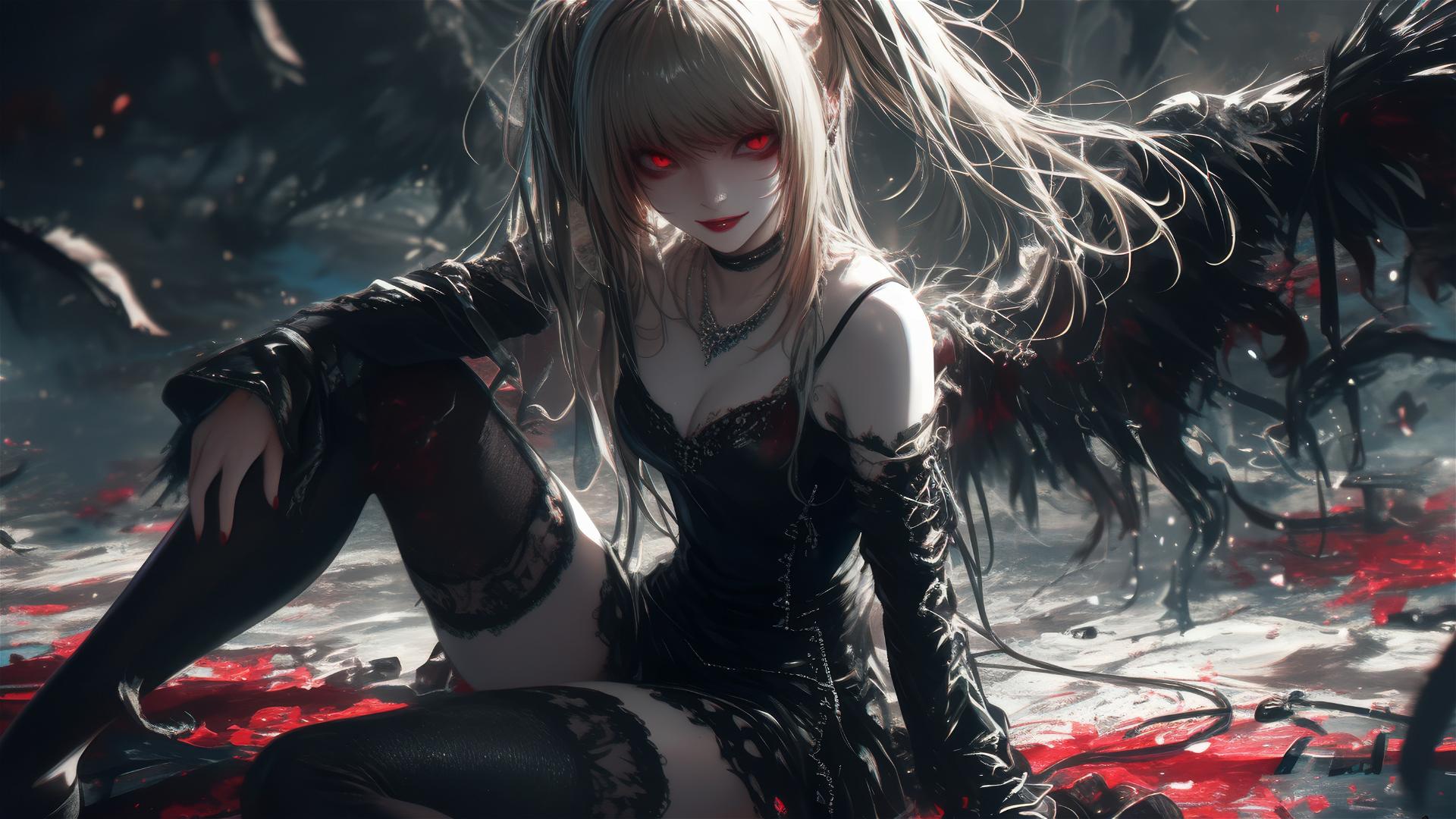 Isolated shot of Misa Amane from Death Note with dark background and red eyes in dynamic pose with spotlight effect
