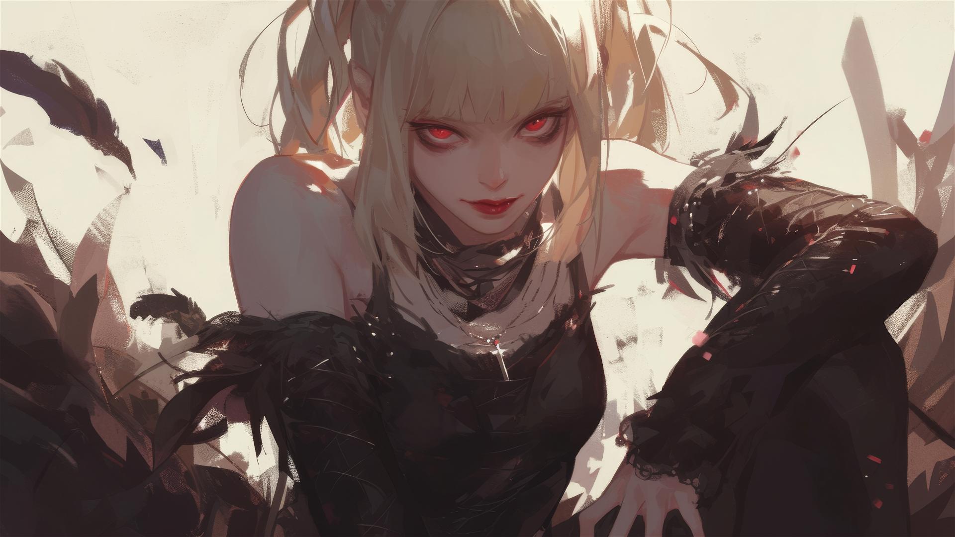 Isolated shot of Misa Amane from Death Note against a dark background with red eyes and dynamic pose highlighting thigh, illuminated by spotlight effect