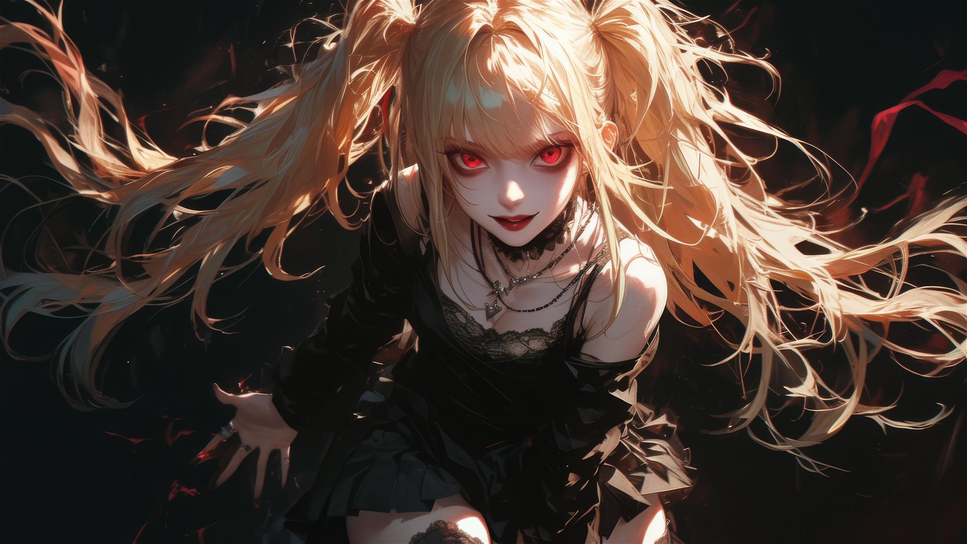Isolated image of Misa Amane from Death Note on a dark background with spotlight effect, red eyes and dynamic pose highlighting her thigh