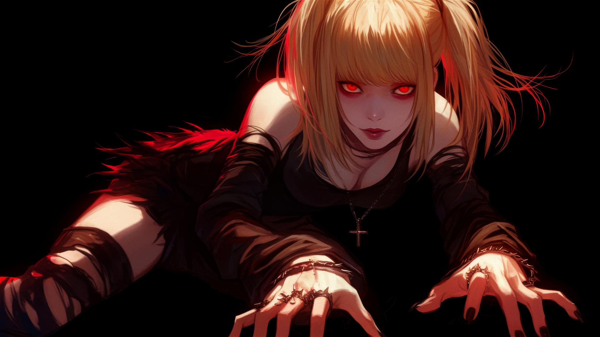 Isolated shot of Misa Amane from Death Note on a dark background with a dynamic pose and red eyes highlighted by a spotlight effect.