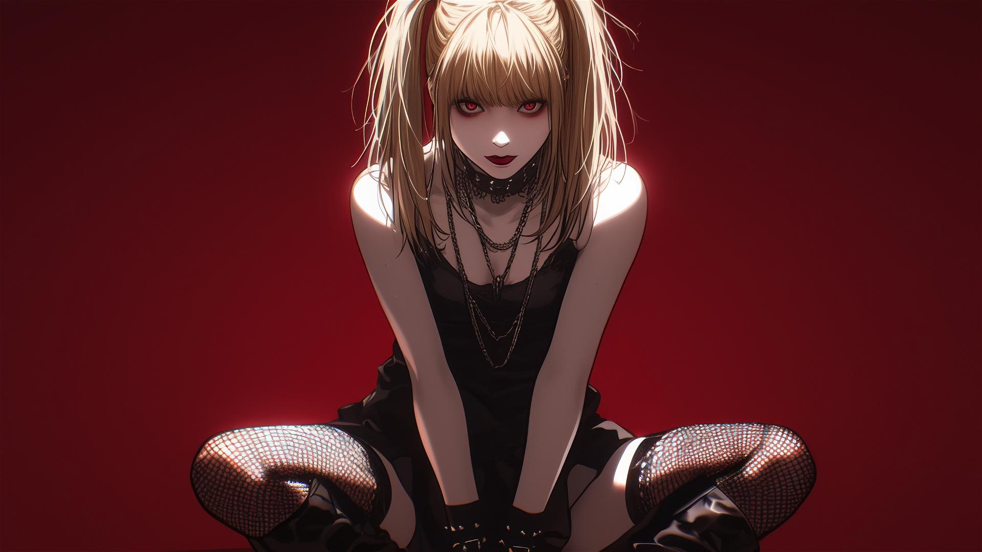 Isolated shot of Misa Amane from Death Note on dark background with spotlight effect, highlighting her dynamic pose and red eyes