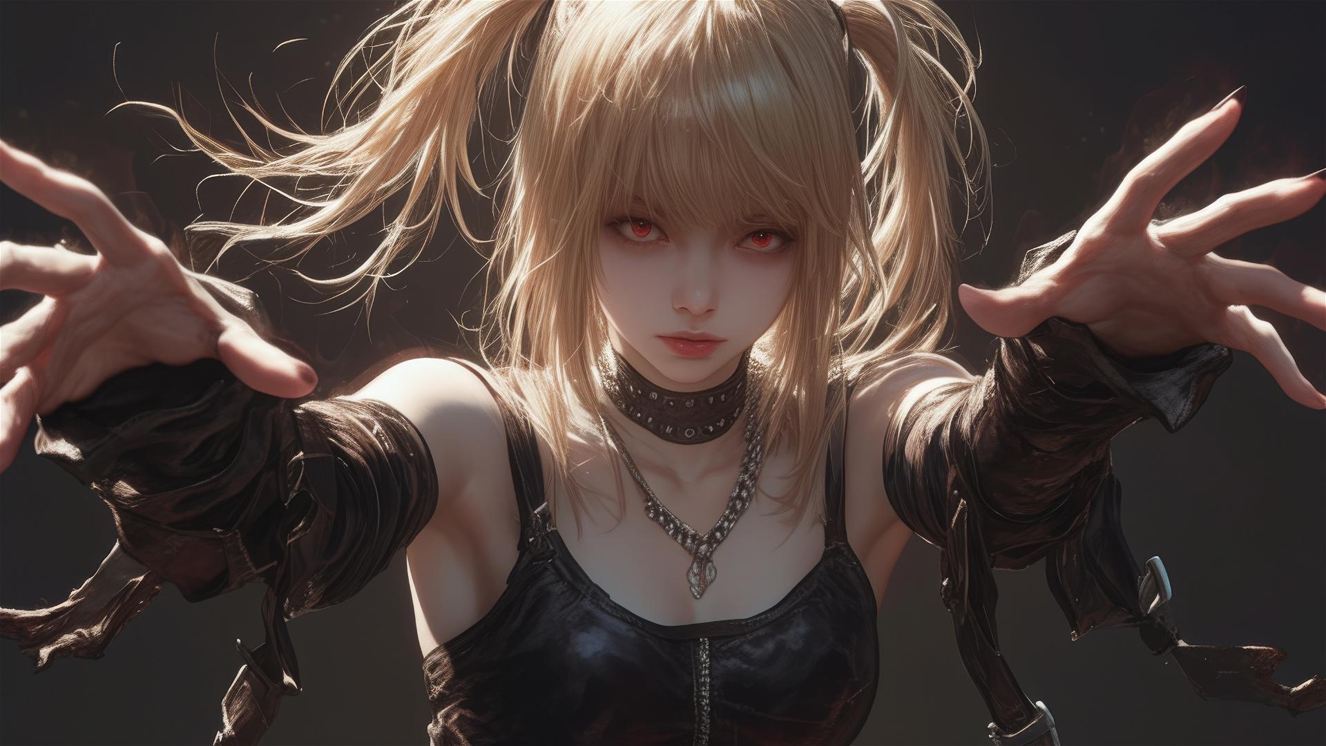 Isolated shot of Misa Amane from Death Note against a dark background in a dynamic pose with red eyes under a spotlight effect