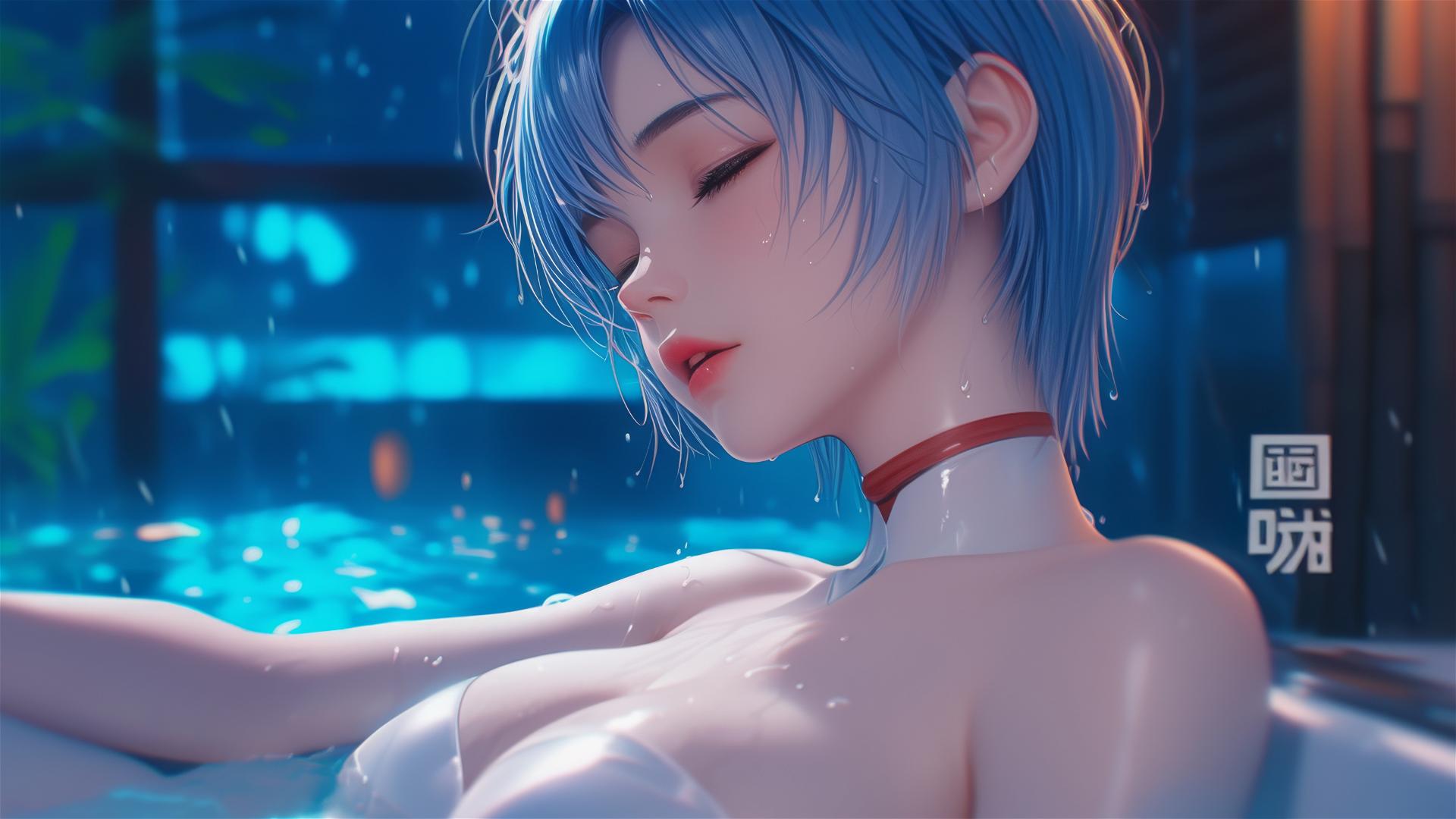 Rei Ayanami from Neon Genesis Evangelion resting in her apartment's tub under moonlight, with her short blue hair visible