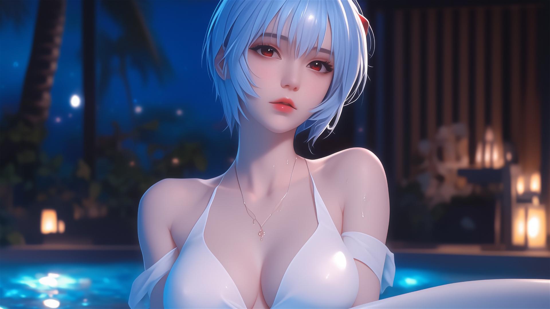 Rei Ayanami from Neon Genesis Evangelion resting in her apartment's tub under moonlight