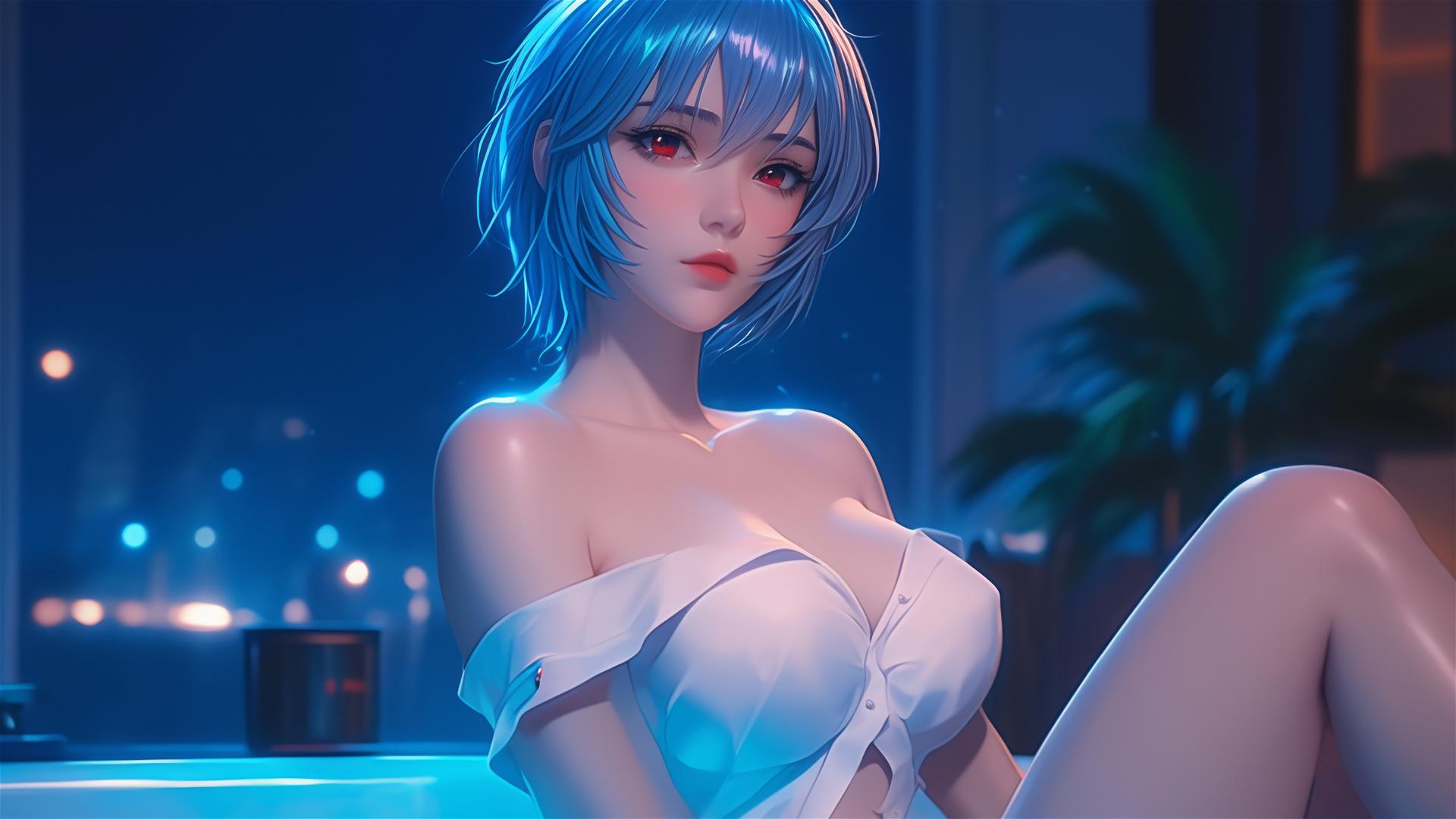 Rei Ayanami from Neon Genesis Evangelion, resting in tub with moonlight radiating her figure
